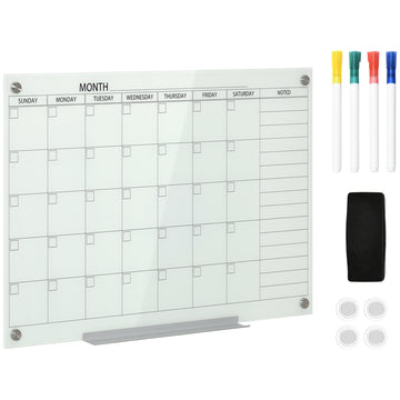 Vinsetto 35"X23" Dry Erase Wall Calendar Glass Whiteboard Monthly Planner For Homeschool Supplies & Home Office Organization With 4 Markers And 1 Eraser,Frameless White Glass