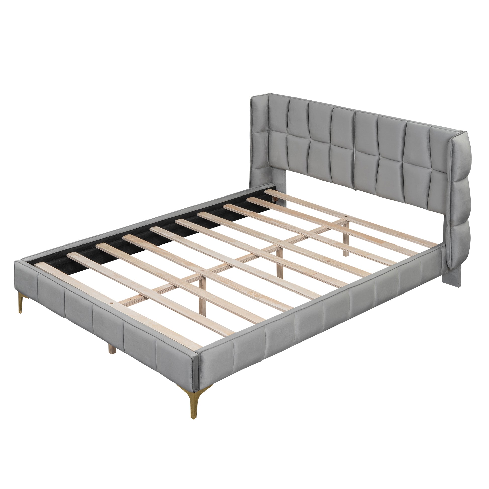 Queen Size Upholstered Velvet Platform Bed, Gray Box Spring Not Required Queen Gray Wood Bedroom Bed Frame Velvet Upholstered