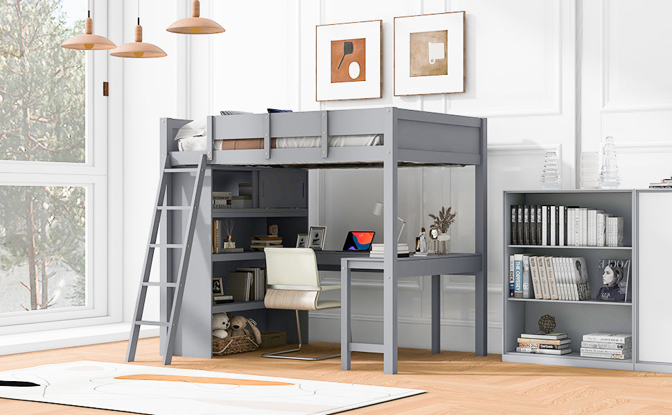 Full Size Loft Bed With Desk And Shelf Gray Full Gray Solid Wood