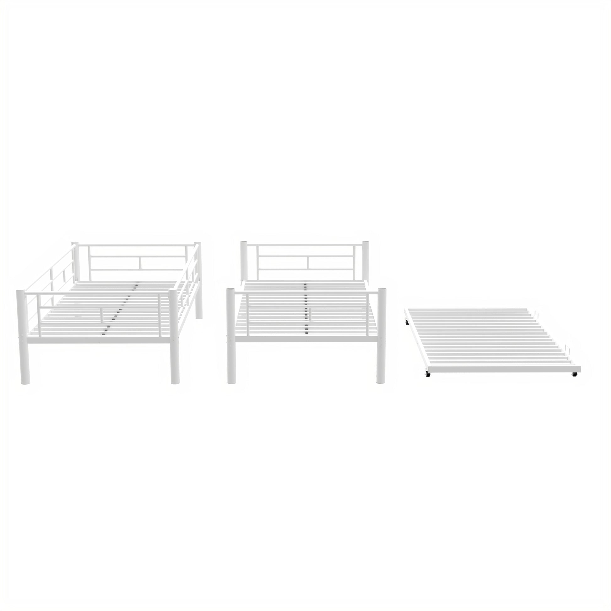 Heavy Duty Sturdy Meta Twin Over Twin With Trundle Bunk Bed L Noise Reduced Safety Guardrail No Box Spring Needed,White Box Spring Not Required Twin White Metal