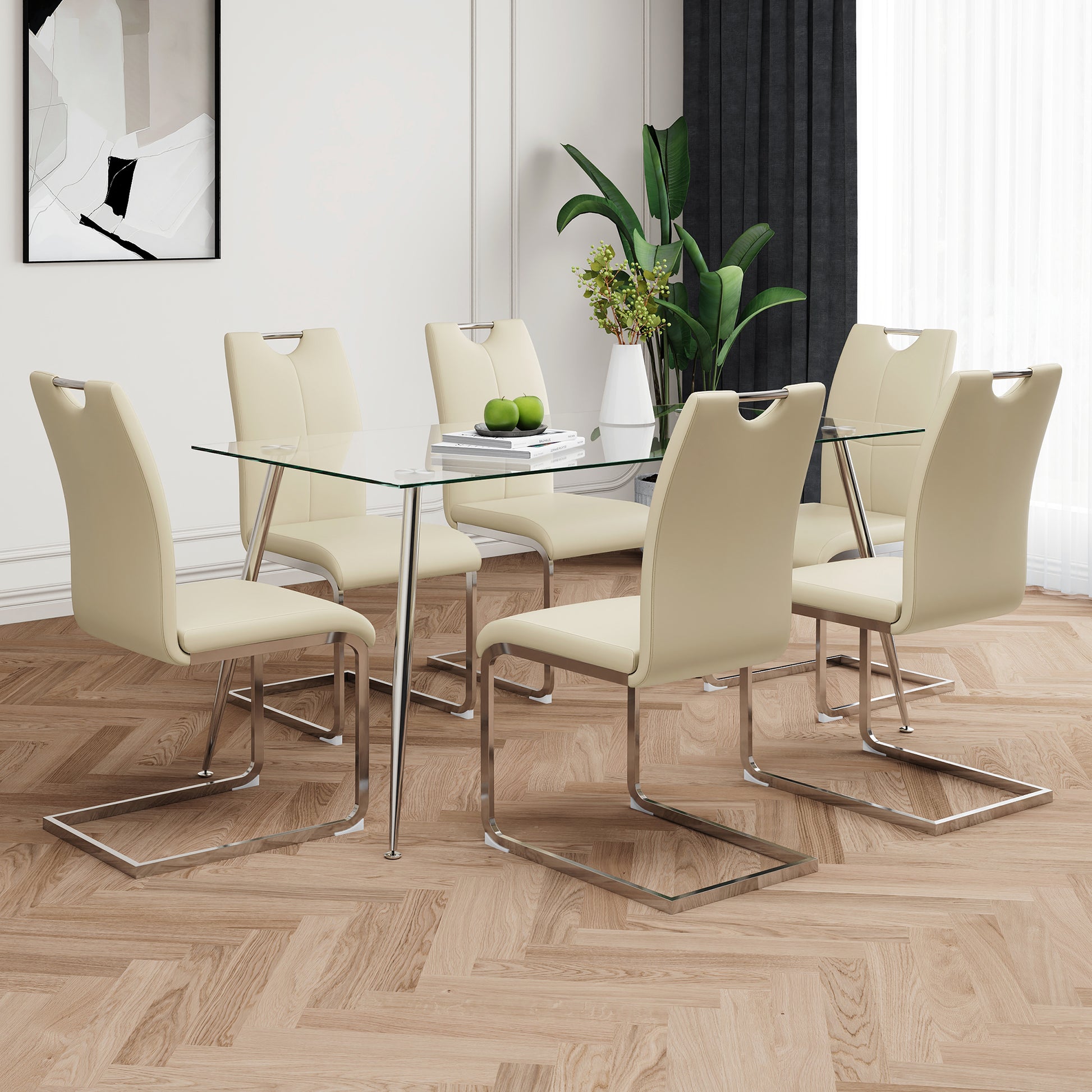 Modern Simple Rectangular Glass Dining Table, Solid Tempered Glass Tabletop, Electroplated Table Legs, Light Yellow Pu Dining Chair Set, Suitable For Restaurant Kitchen Use Set Of 7 Upholstered Chair Glass Light Yellow Seats 6 Metal Rectangular Dining