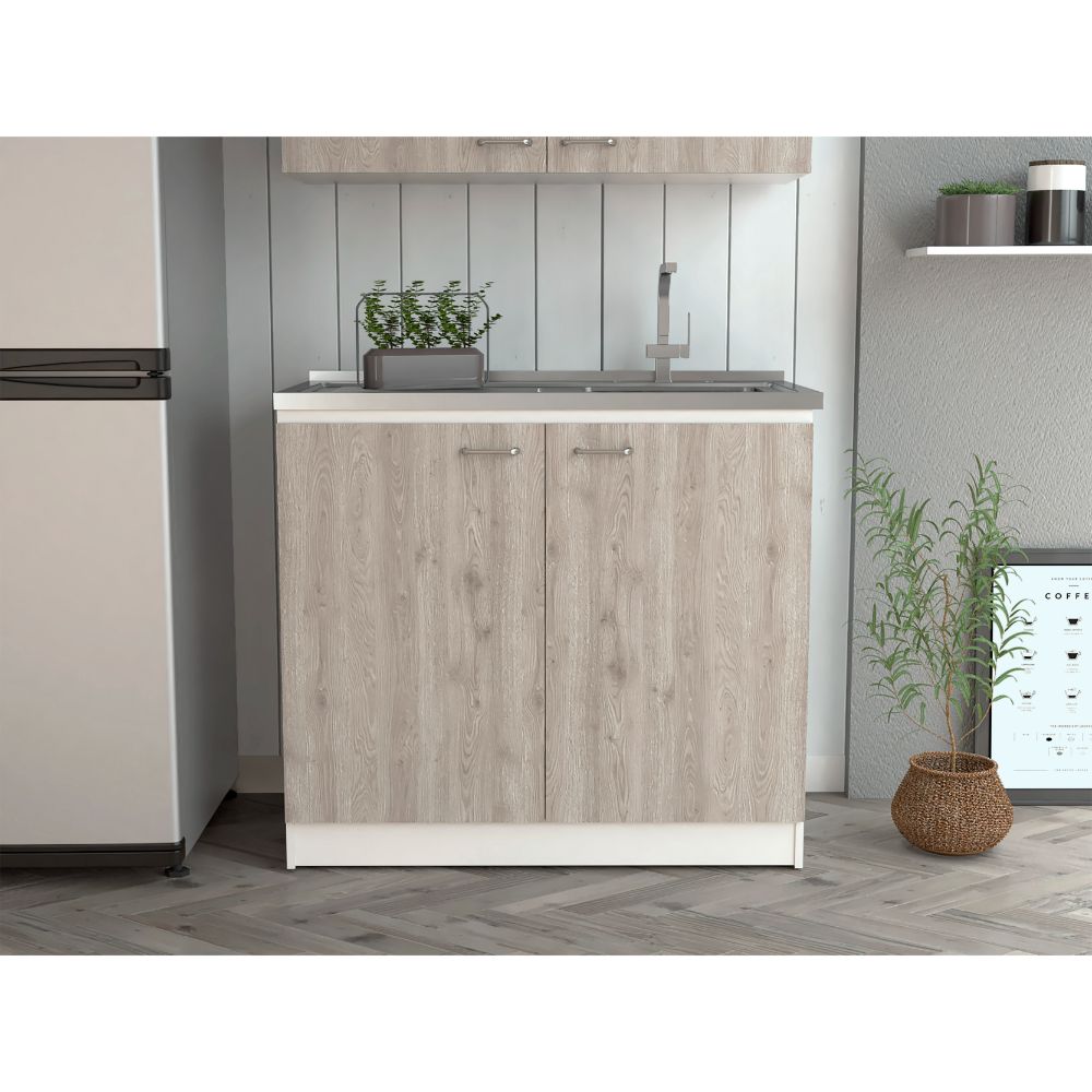 Freestanding Sink, Double Door Cabinet, Two Shelves, White Light Gray Multicolor Solid Wood Mdf Engineered Wood