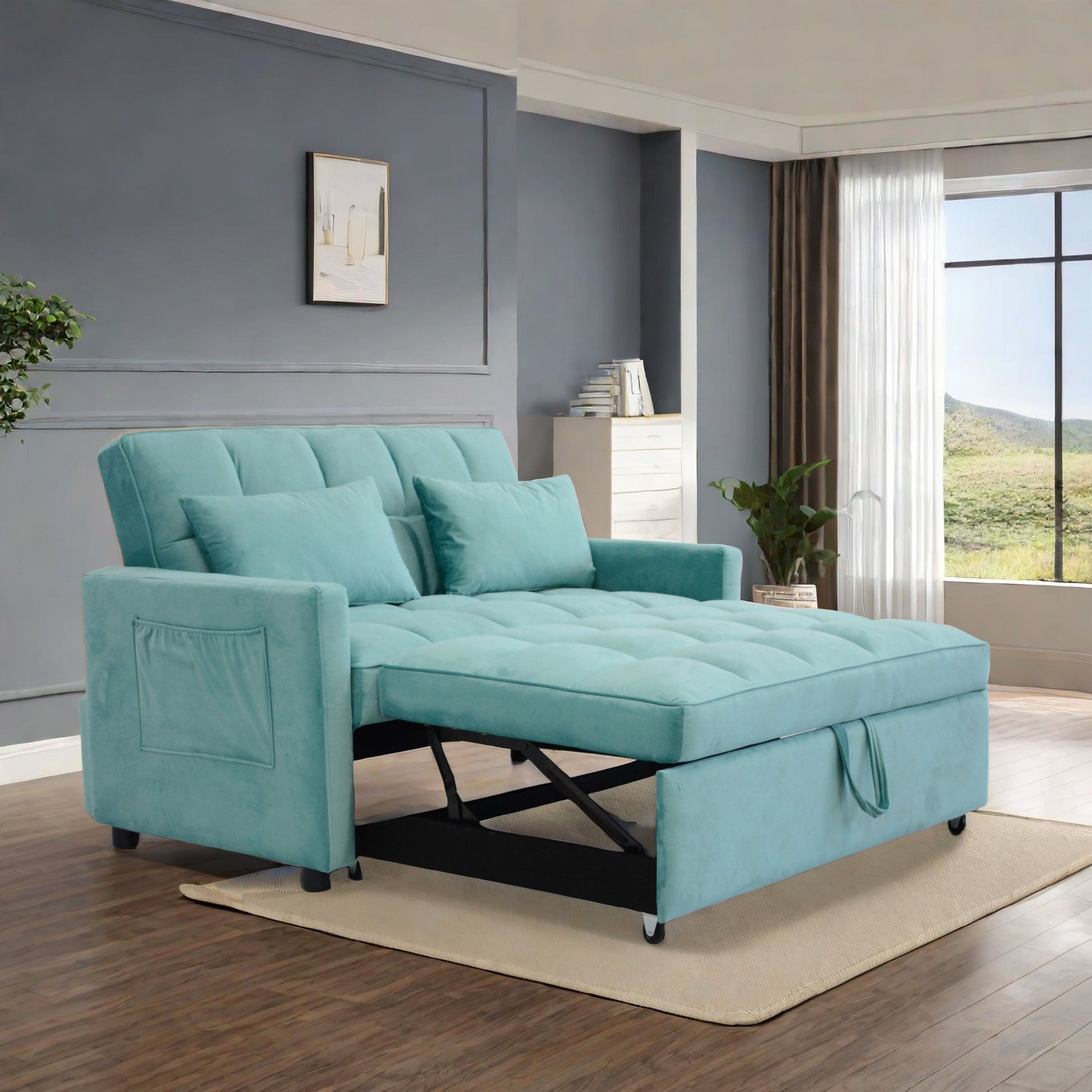 55.2" Velvet Two Seater Pull Out Sofa Bed, Adjustable Backrest With Three Usb Ports, Two Side Pockets, 3 In 1 Convertible Sleeper Sofa Bed, Modern Beautiful Seat Lounge Sofa For Living Room, Peacock Blue Brown Wood Primary Living Space Heavy Duty Pine 2