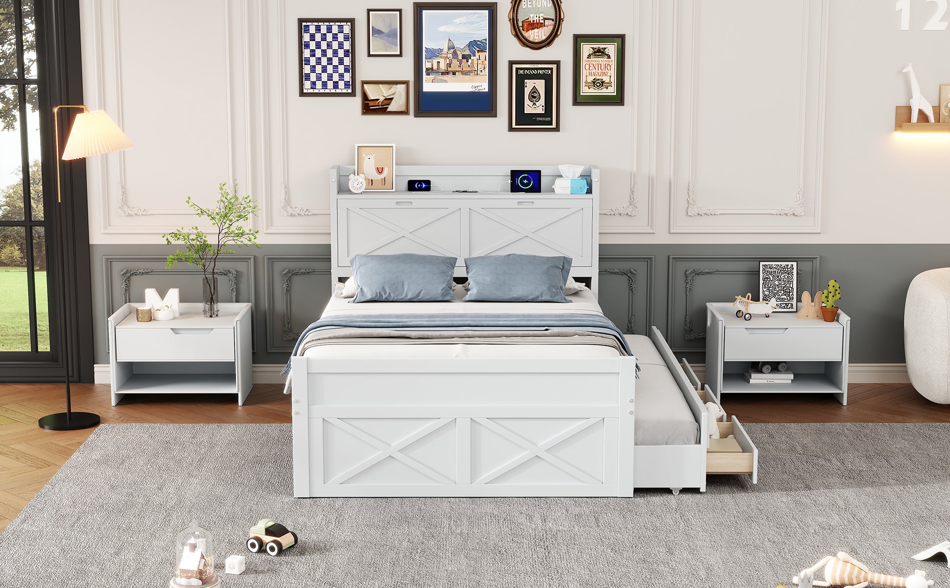 Full Size Wooden Bed With Storage Headboard With Outlets, Extendable Bed With Twin Size Trundle With Three Storage Drawers,White Full White Wood