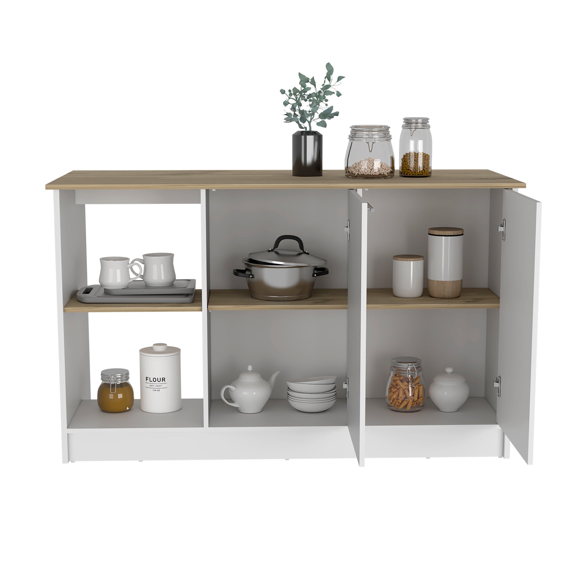 Kitchen Island With Large Countertop, Open Storage Shelves And Double Door Cabinet, White Light Oak White Solid Wood Mdf Engineered Wood