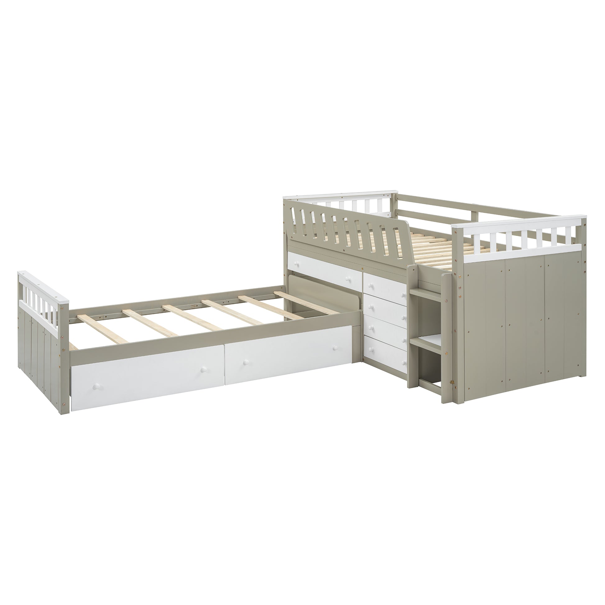 L Shaped Space Saving Twin Loft And Twin Platform Bed With 7 Drawers And Full Guardrails White Light Brown Twin Brown White Solid Wood