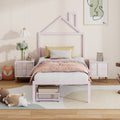 Twin Size Metal Platform Bed With Two Drawers,House Shaped Headboard Design, Pink Twin Pink Metal