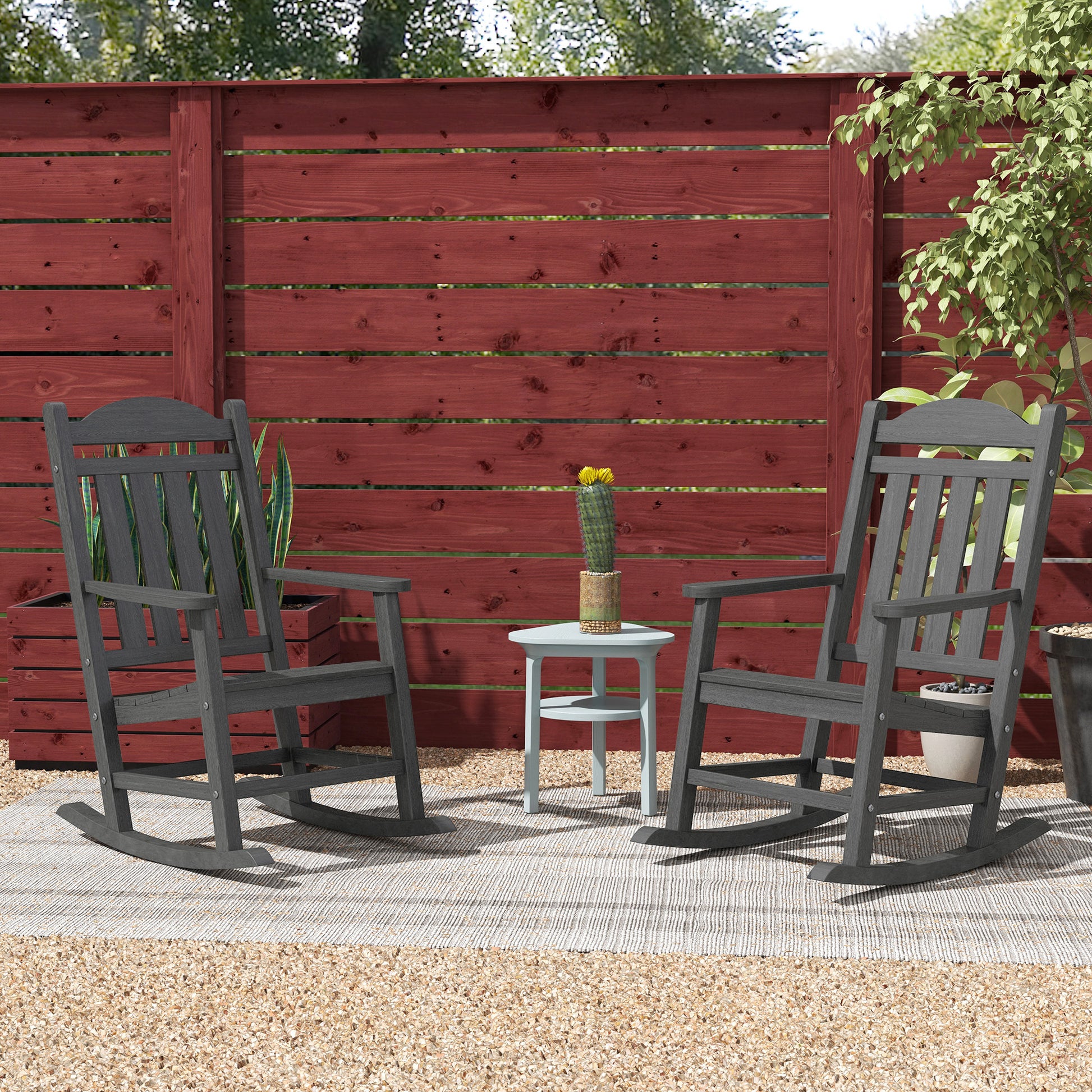 Outsunny 2 Pieces Outdoor Rocking Chair, All Weather Resistant Hdpe Rocking Patio Chairs With Rustic High Back, Armrests, Oversized Seat And Slatted Backrest, 350Lbs Weight Capacity, Dark Gray Dark Gray Plastic