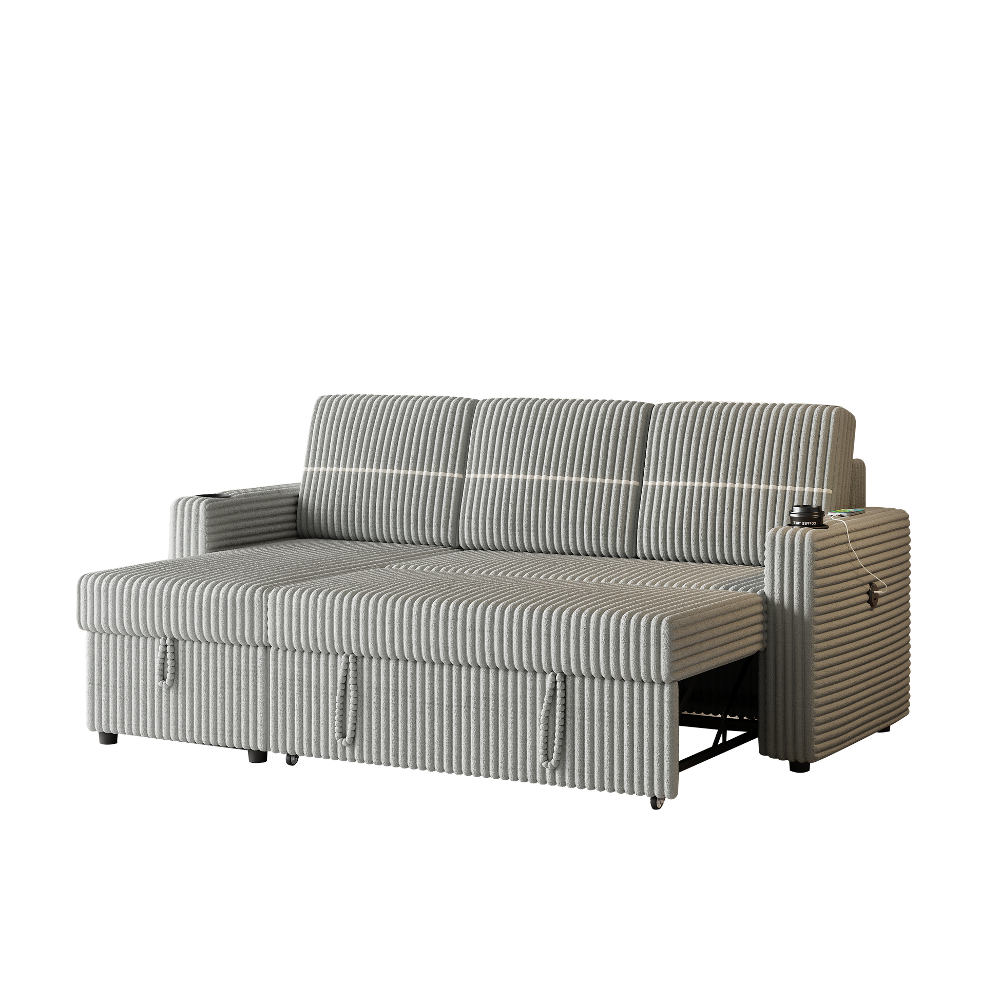 85 Inches Corduroy Sofa Bed, 3 Seater Sleeper Sofa With Storage Chaise, Square Handrail With Two Cup Holder And Usb Charge Port, Pull Out Couch For Living Room Light Grey Corduroy 3 Seat