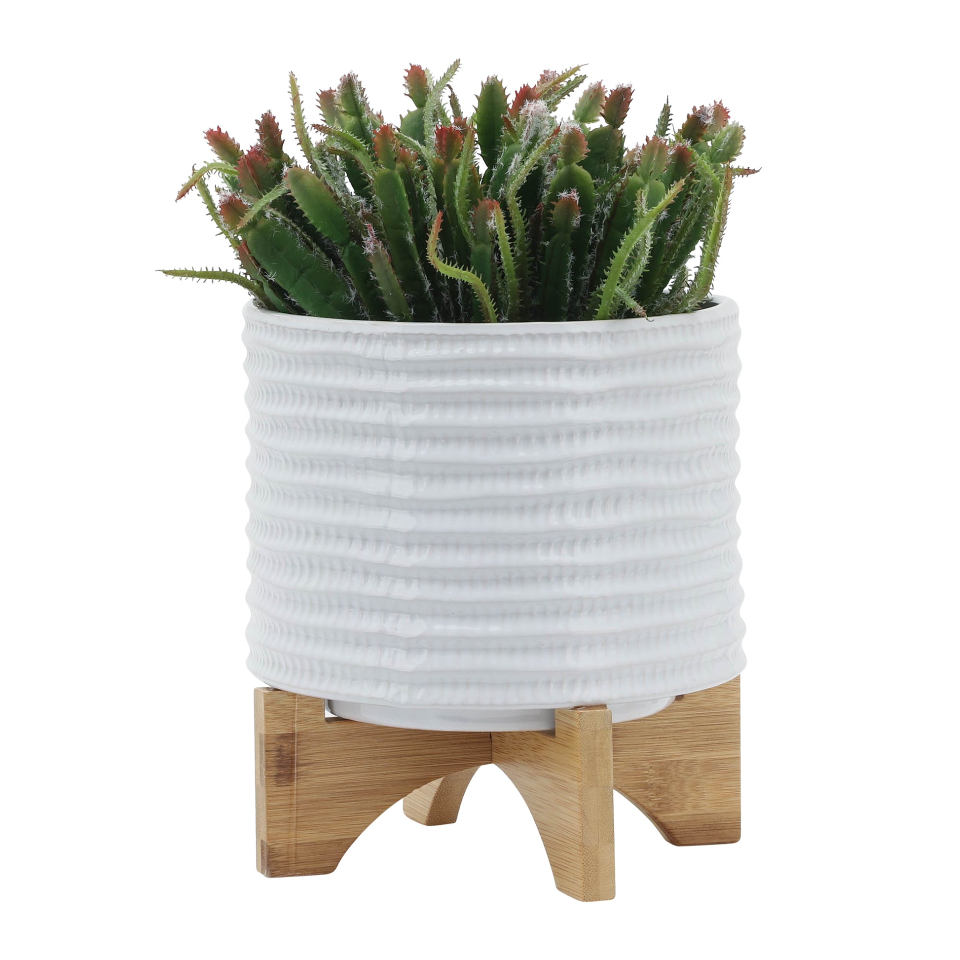 8" Textured Planter W Stand, White White Ceramic