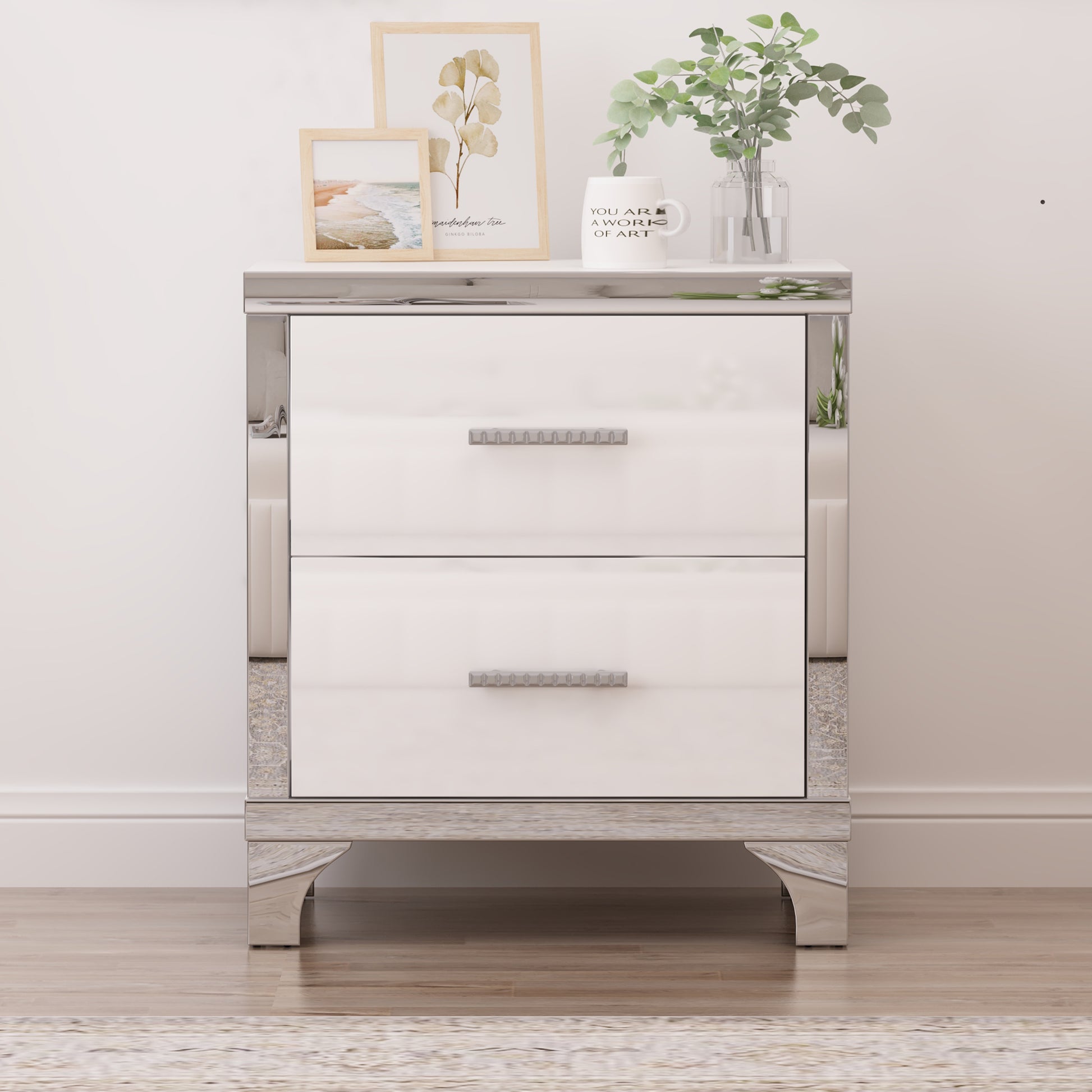 Elegant High Gloss Nightstand With Metal Handle,Mirrored Bedside Table With 2 Drawers For Bedroom,Living Room,White White Particle Board