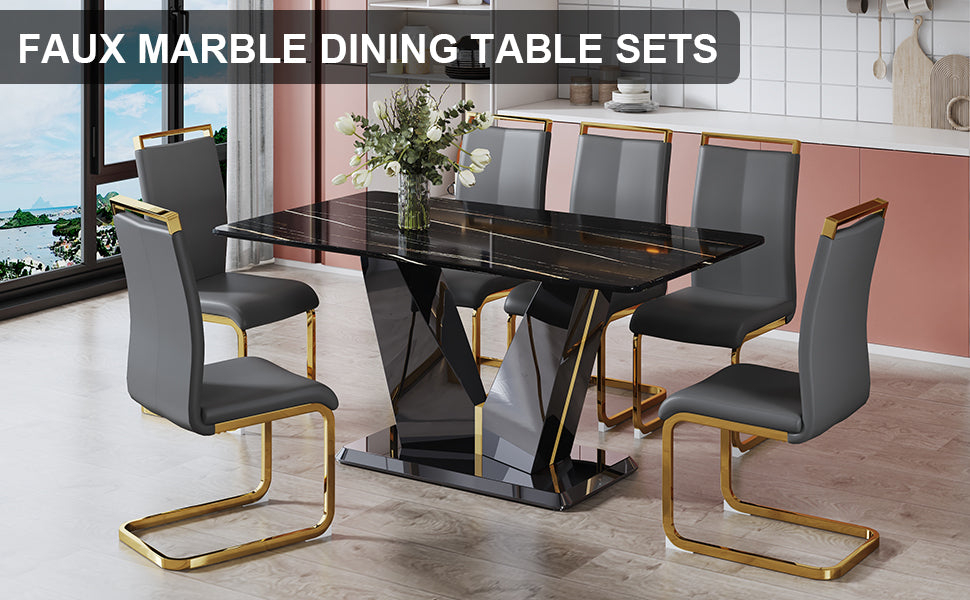 Table And Chair Set,Modern Minimalist Rectangular Dining Table, 0.4 Inch Thick, With A Black Imitation Marble Pattern Desktop And Black Mdf Legs. Comfortable Pu Seats,Perfect For Dinner, Meet Grey Black Seats 4 Mdf Glass