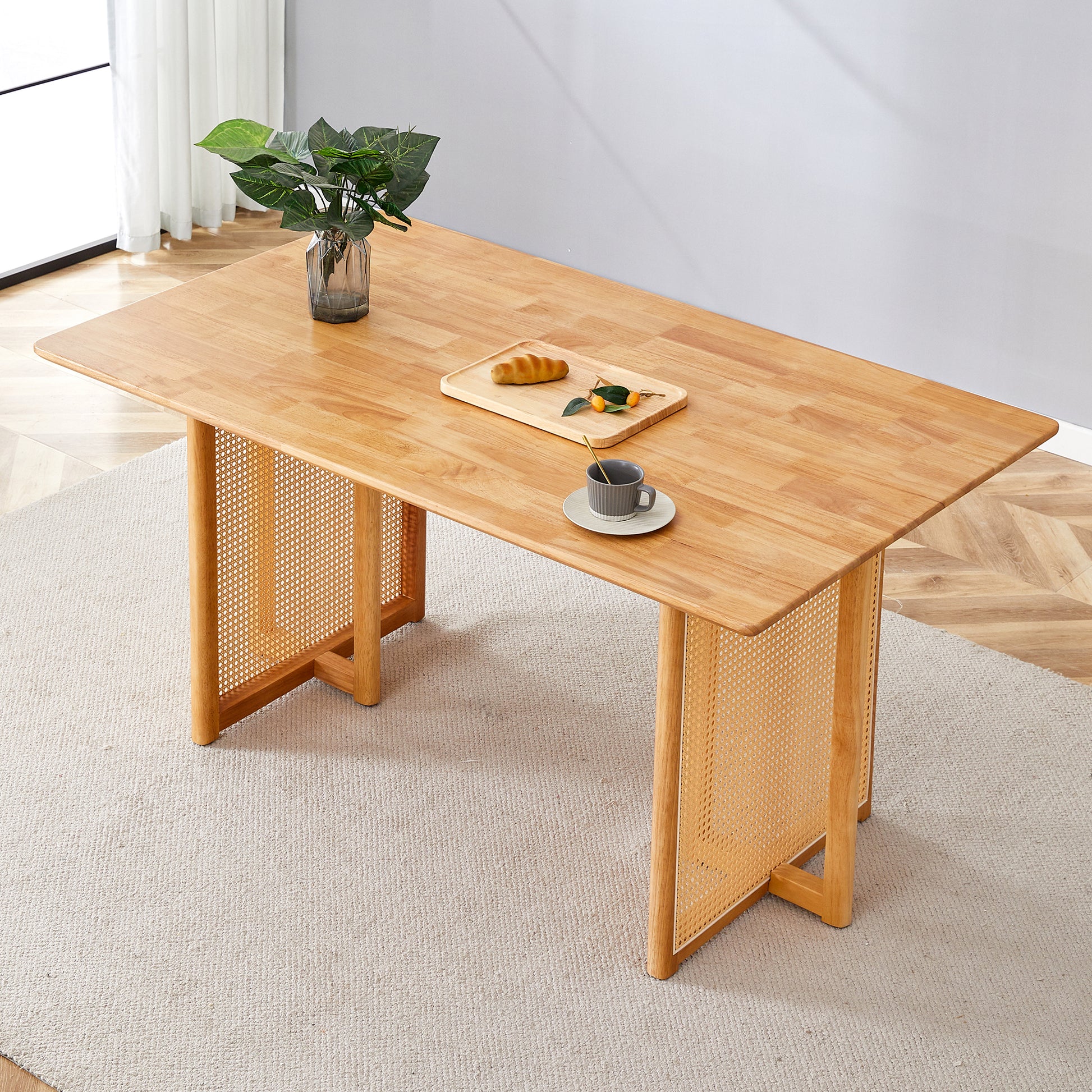 Chinese Country Retro Solid Wood Dining Table, Simple Modern Imitation Rattan Dining Table, Wooden Dining Table, Desk. Suitable For Dining Room, Living Room, Office Wood Rubber Wood