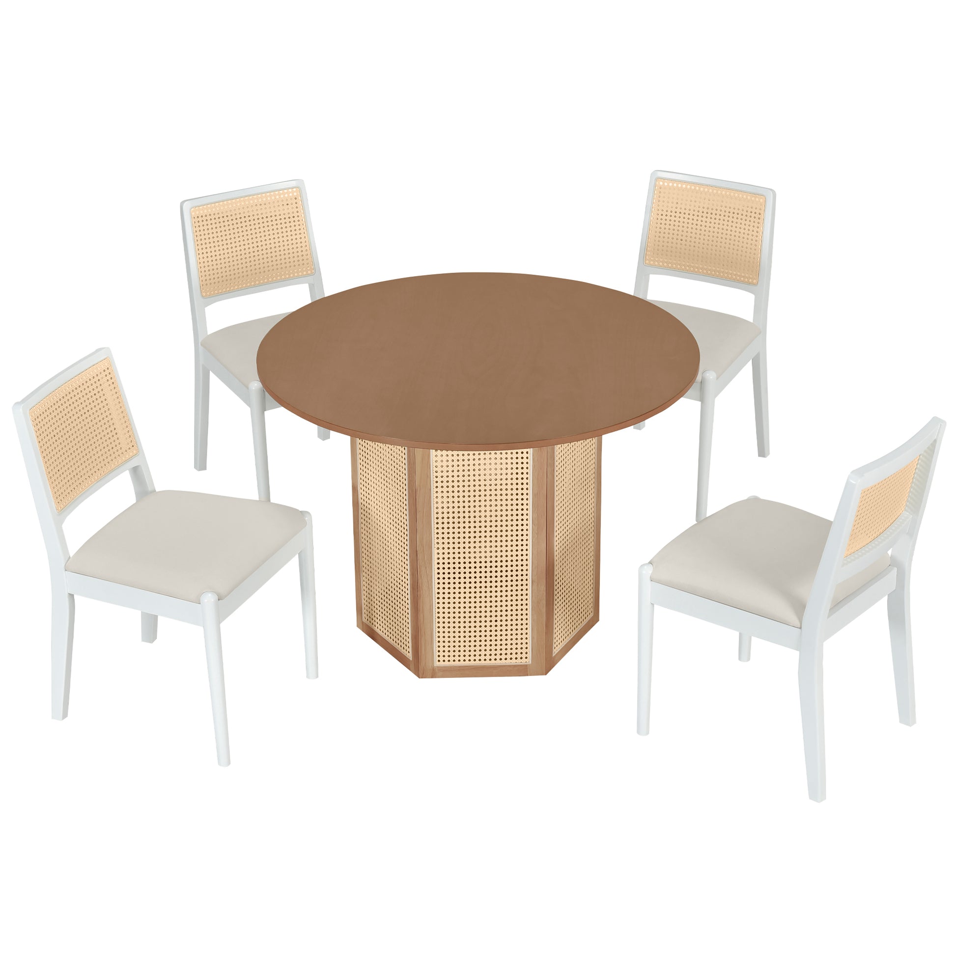 5 Piece Rattan Round Dining Table Set, Wood Table With Hexagonal Base And Upholstered Chairs For Dining Room, Kitchen,Indoor Use, White Beige Wood Dining Room Solid Wood Rubberwood Round Dining Table With Chair Wood Wood White Seats 4 Traditional Round