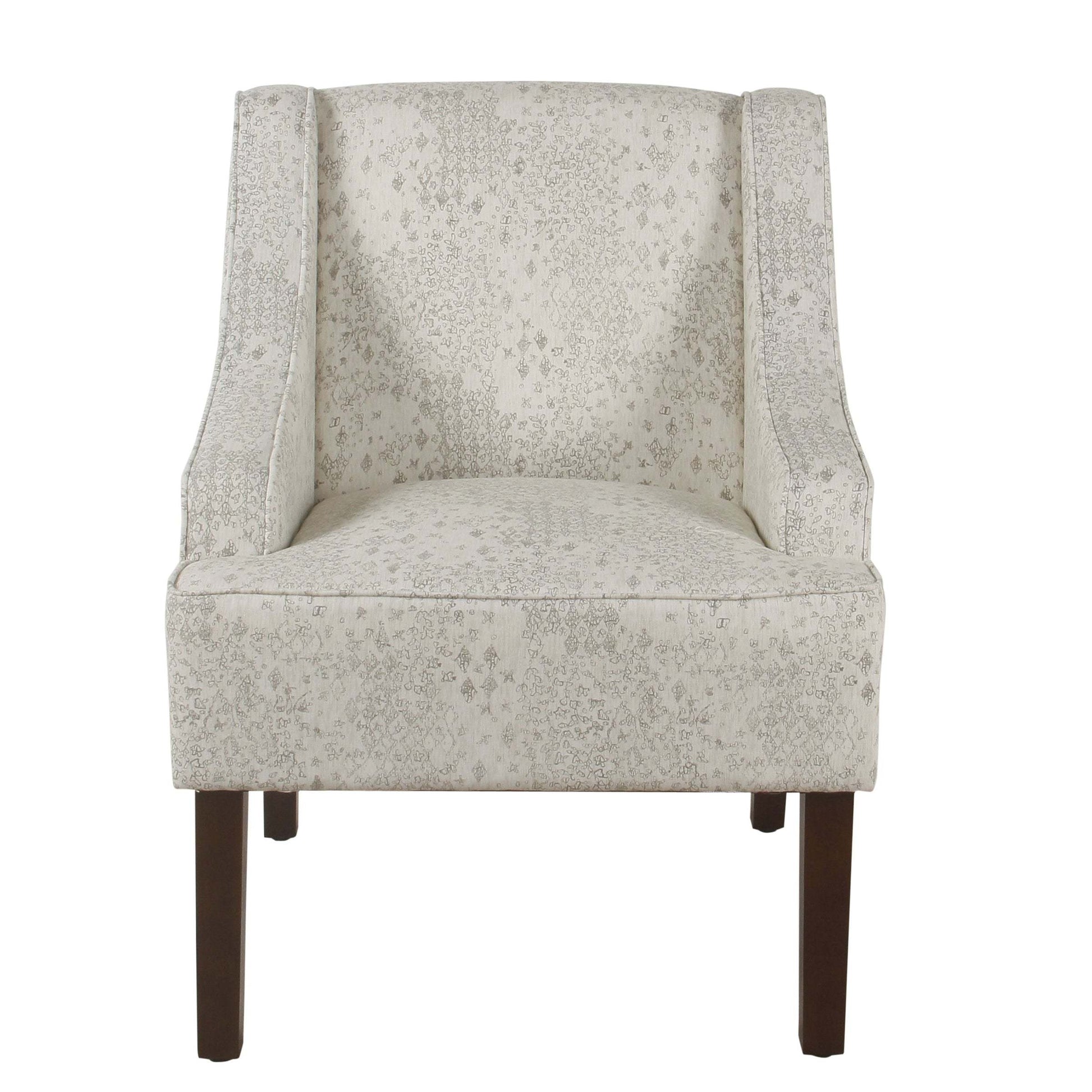 Fabric Upholstered Wooden Accent Chair With Swooping Arms, White And Brown Off White Wood Fabric