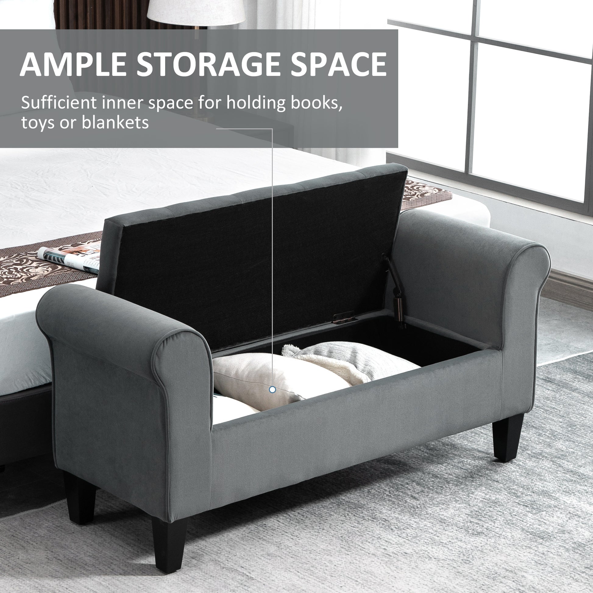 Homcom Button Tufted Storage Ottoman Bench, Upholstered Bench With Rolled Armrests For Living Room Or Hallway, Gray Grey Polyester