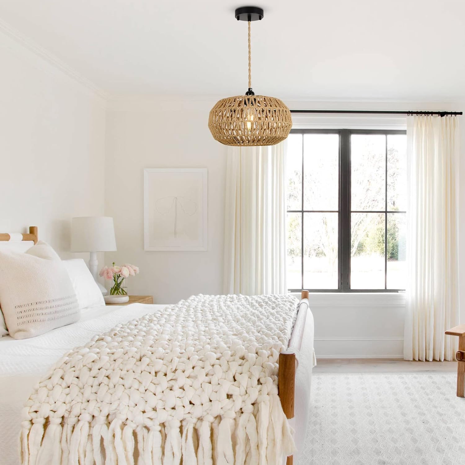 Farmhouse Led Rattan Pendant Lights, Boho Chandelier Light Fixture, Rustic Wicker Hand Woven Rope Cage Basket Pendant Hanging For Dining Room Living Room Kitchen Bedroom Nursery Foyer Hallway Entryway Brown Rattan Metal