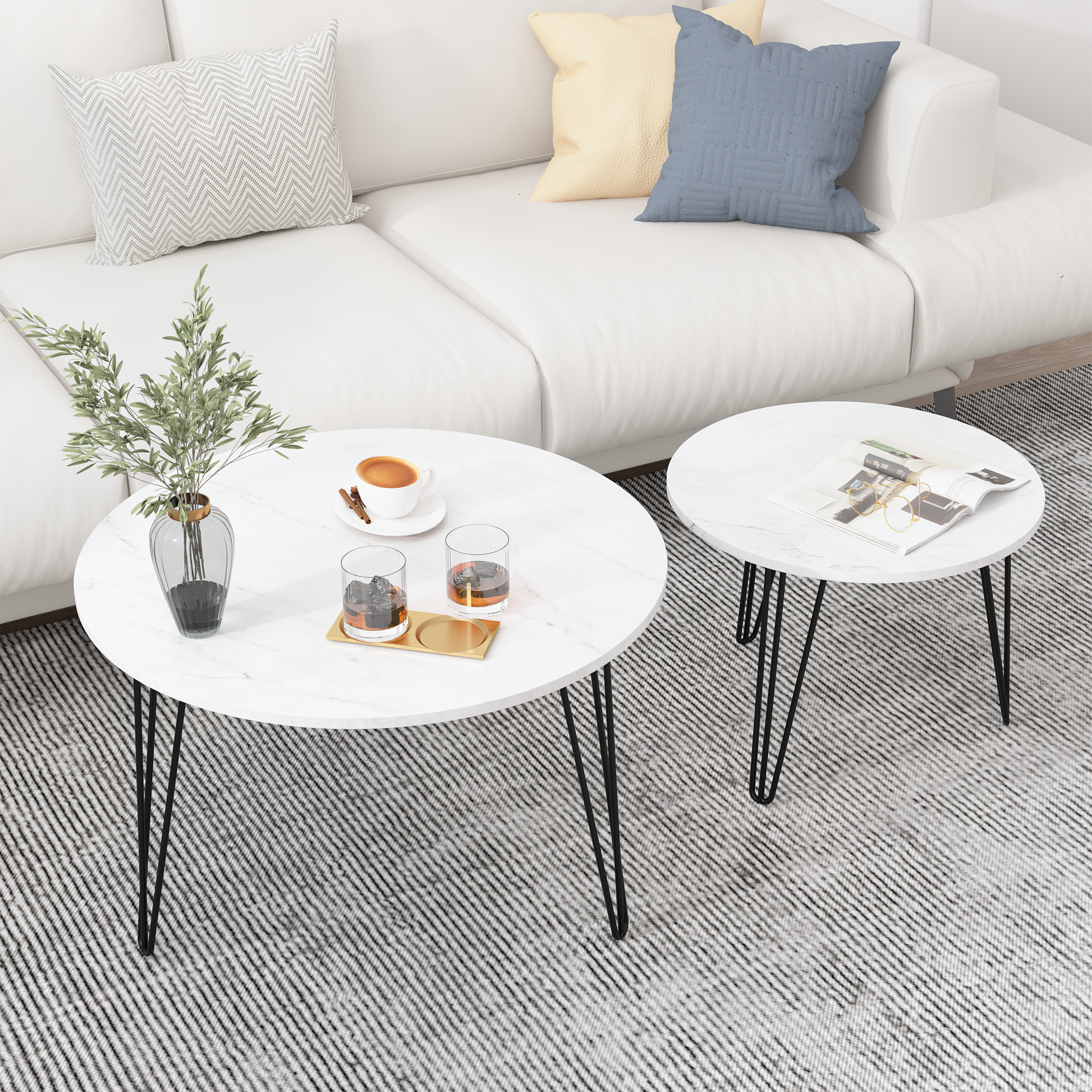 27.56'' Round Nesting Coffee Table Set Of 2, Circular Nesting End Table Set, Round Marble Tabletop, And Sturdy Metal Base For Living Room, Bedroom, White White Round Wood Metal