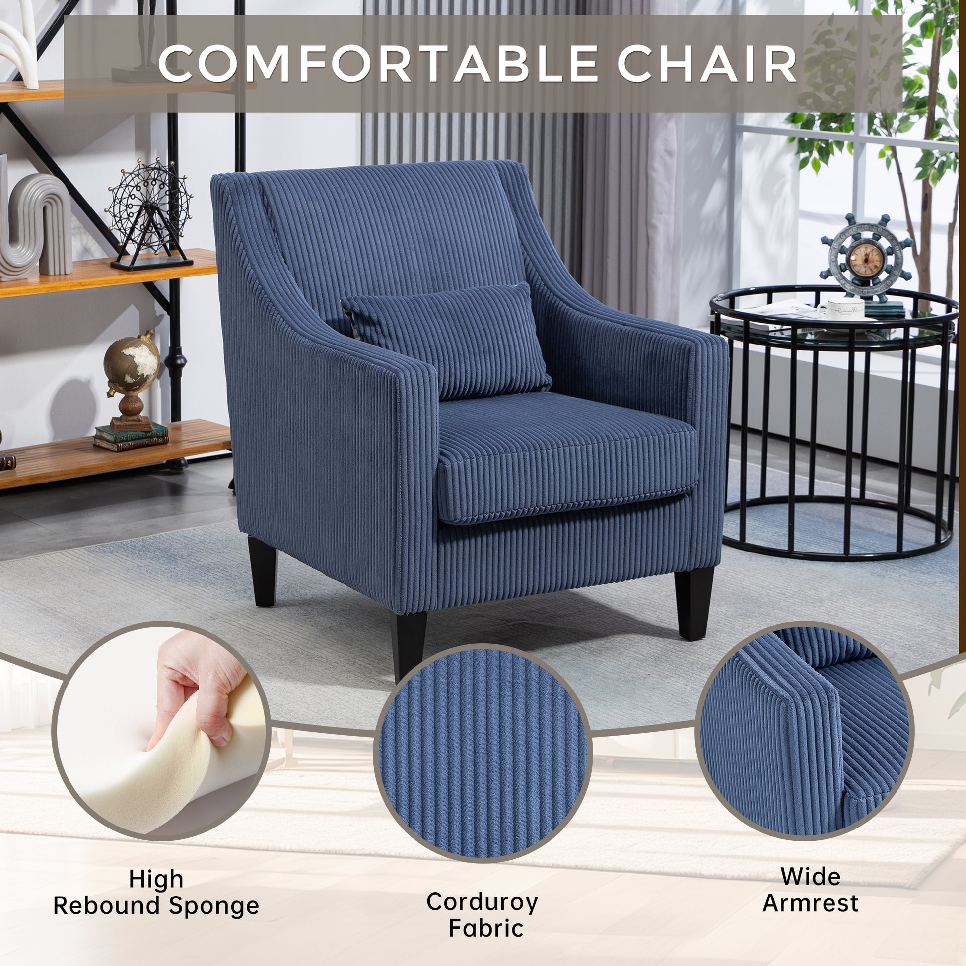 Coolmore Modern Accent Chair,Upholstered Armchair With Scooped Arms For Bedroom,Apartment,Studio,Office,Waiting Room Blue Corduroy Blue Primary Living Space Foam Corduroy