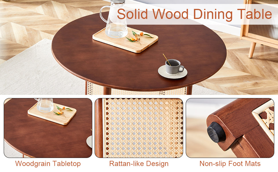 Table And Chair Set, Ancient Style Solid Wood Dining Table, Imitation Rattan Table Legs, Beautiful Simple Solid Wood Dining Chair, Perfect For Dinner, Meetings, Home And Office Decoration Walnut Rubber Wood