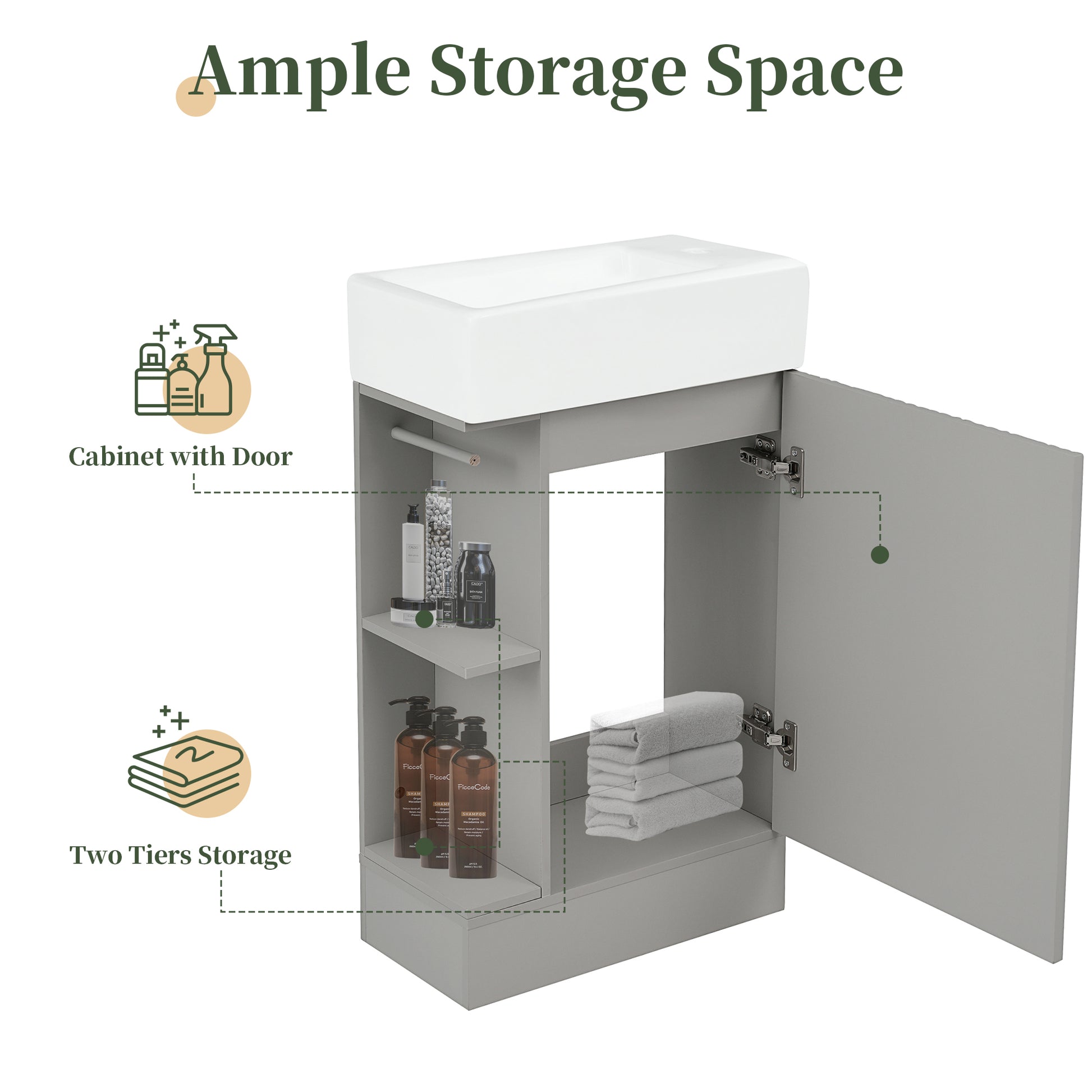 18.6" Bathroom Vanity With Sink, Bathroom Vanity Cabinet With Two Tier Shelf, Left Or Right Orientation, Grey Grey Mdf