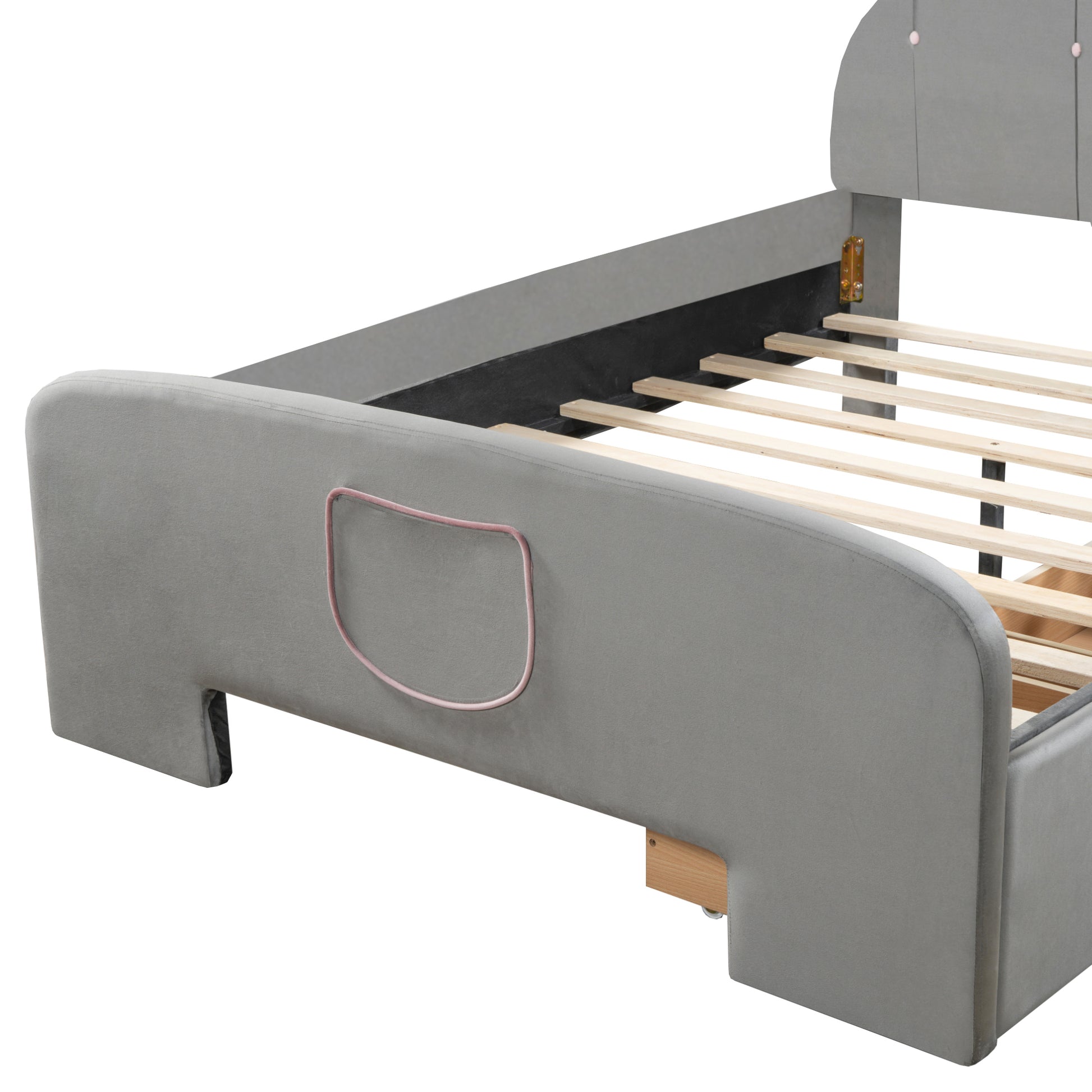Full Size Velvet Platform Bed With Rabbit Shaped Headboard, With Drawers, With Bed End Storage Pocket, Gray Full Gray Plywood