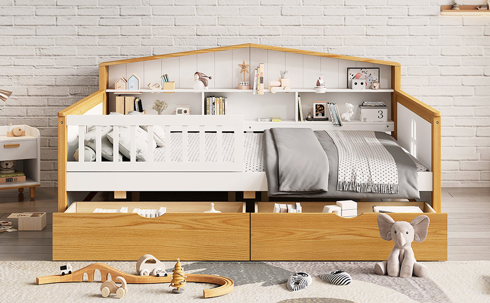 Full Size House Shape Daybed With Two Drawers And Bookcase Headboard Wooden Bed For Girls Boys Teens, No Box Spring Needed, Walnut And White Box Spring Not Required Full White Walnut Wood Bedroom Cute Pine Bed Frame Wood