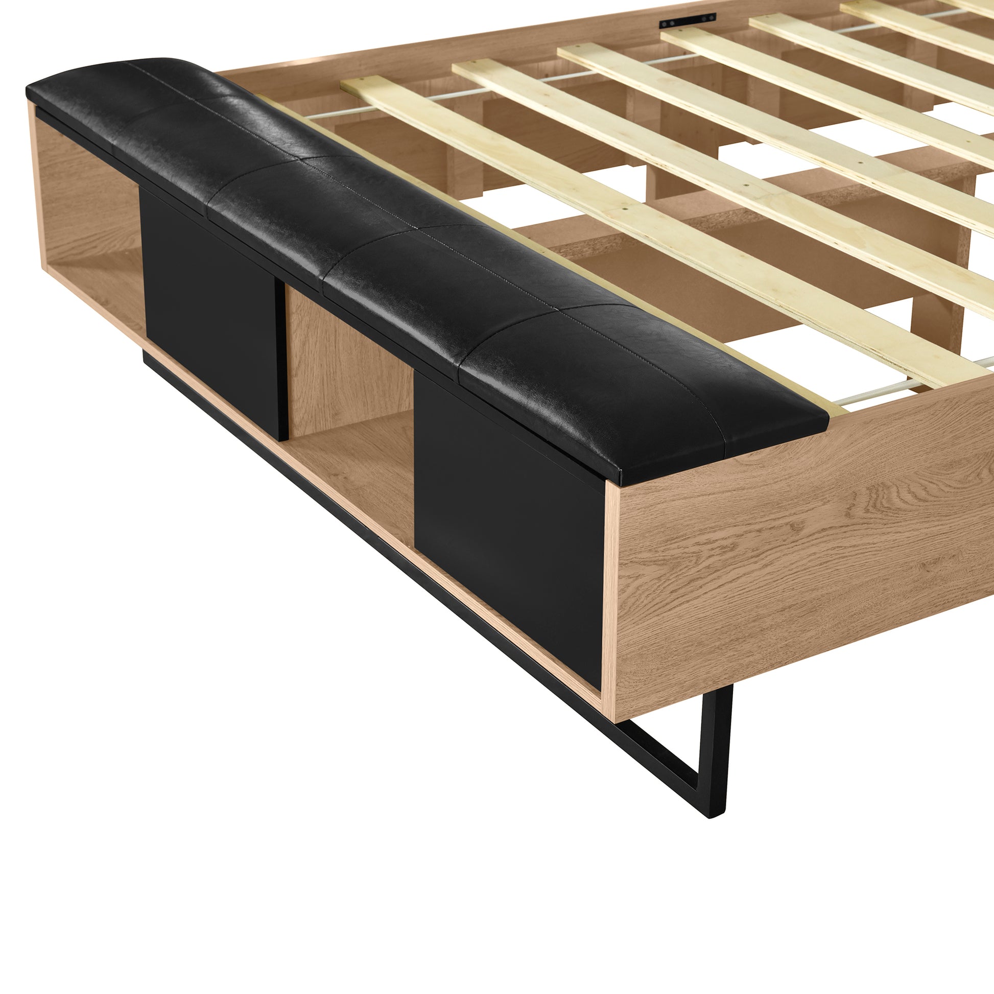 Queen Size Wood Platform Bed With Upholstered Headboard, Lights And Storage Nightstand, Bench, Walnut Box Spring Not Required Queen Walnut Wood Bedroom Bed Frame Faux Leather Solid Wood Mdf