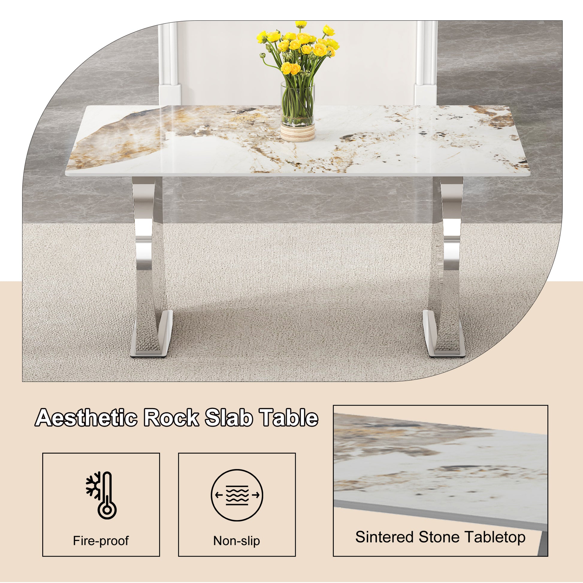 Modern Rectangular Dining Table, Imitation Marbled Rock Plate Table Top, Stainless Steel Table Legs, Suitable For Kitchen, Dining Room, Living Room 63 Inches * 31.4 Inches. Silver Sintered Stone