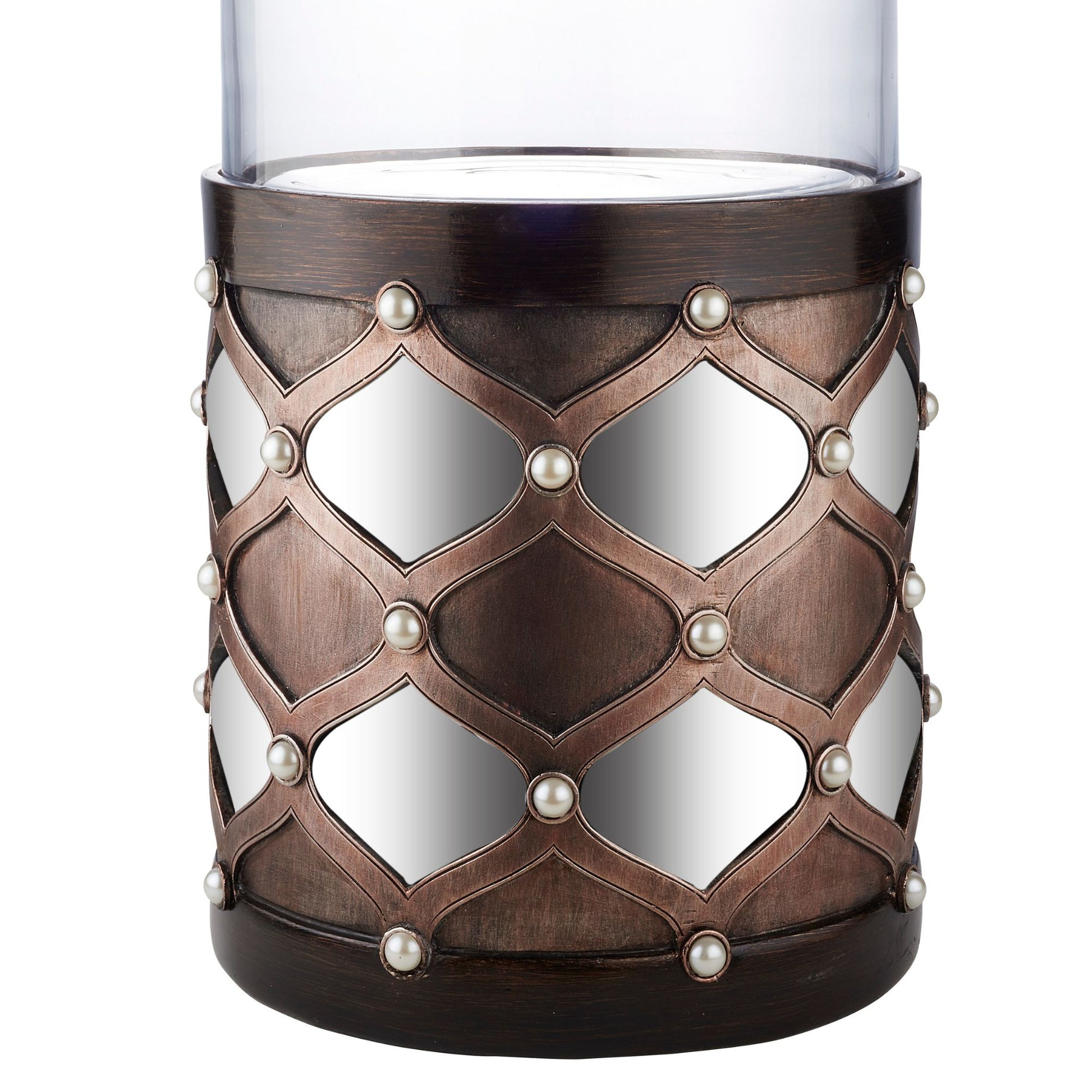 22" Tall Candleholder With Hurricane Glass, Arabesque Mirror Design Brown Polyresin