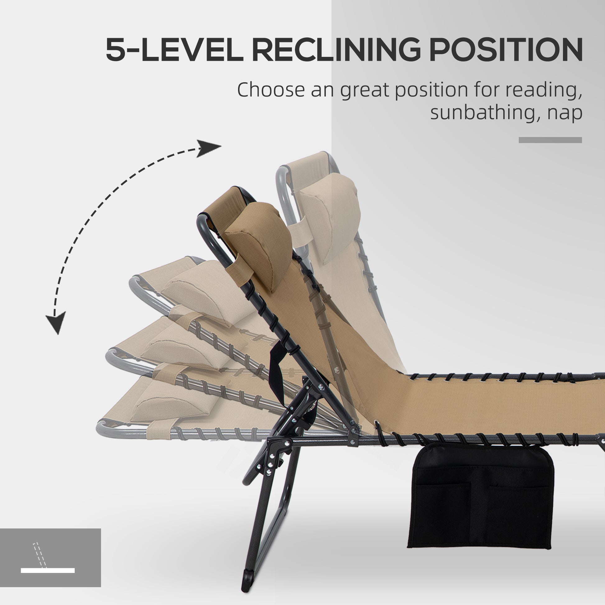 Outsunny 2 Piece Folding Chaise Lounge With 5 Level Reclining Back, Outdoor Tanning Chair With Reading Face Hole, Outdoor Lounge Chair With Side Pocket & Headrest For Beach, Yard, Patio, Beige Beige Steel