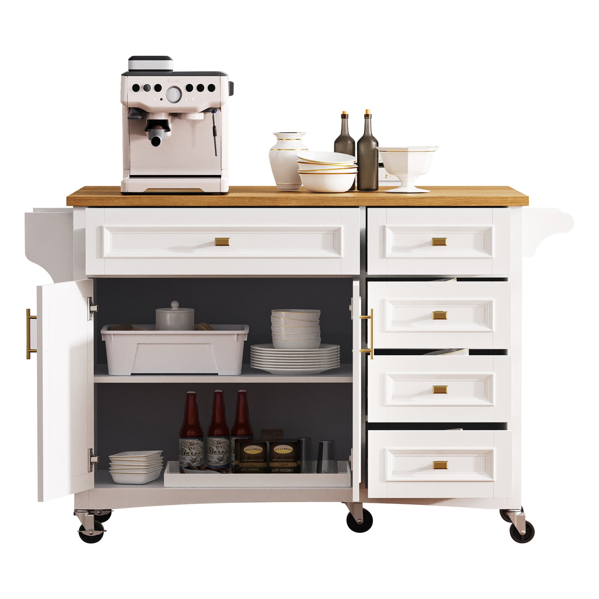 K&K 52'' Kitchen Island With Drop Leaf, Embossed Texture Kitchen Island On Wheels With Spice Rack, Towel Rack, 2 Doors And 5 Drawers, Kitchen Storage Cart With Adjustable Shelf For Kitchen, White