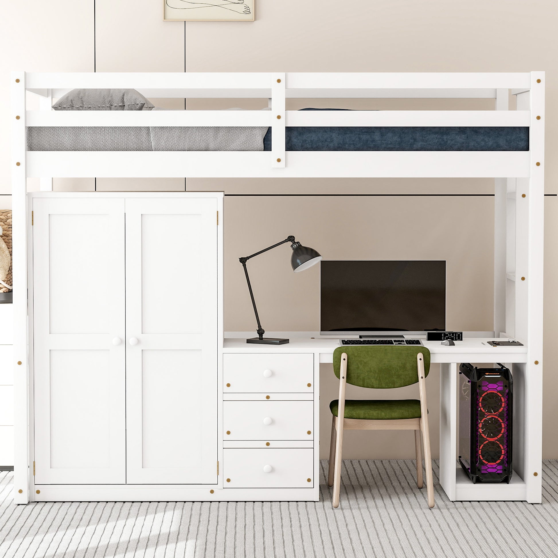 Twin Size Loft Bed With Wardrobe, Desk And Storage Drawers, White Twin White Pine