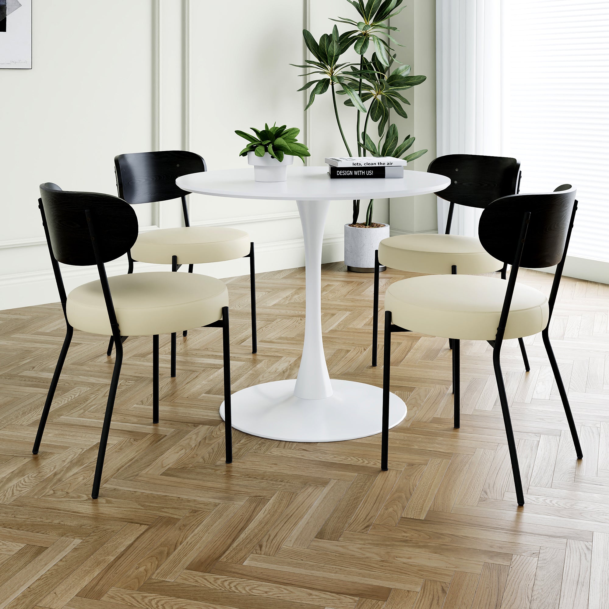 Modern Grey Simple Pu Dining Chair Upholstered Chair Family Bedroom Stool Back Dressing, White Round Table Set, Bentwood Covered With Ash Veneer Chair Back, Chair Black Metal Legs Set Of 5 White Mdf