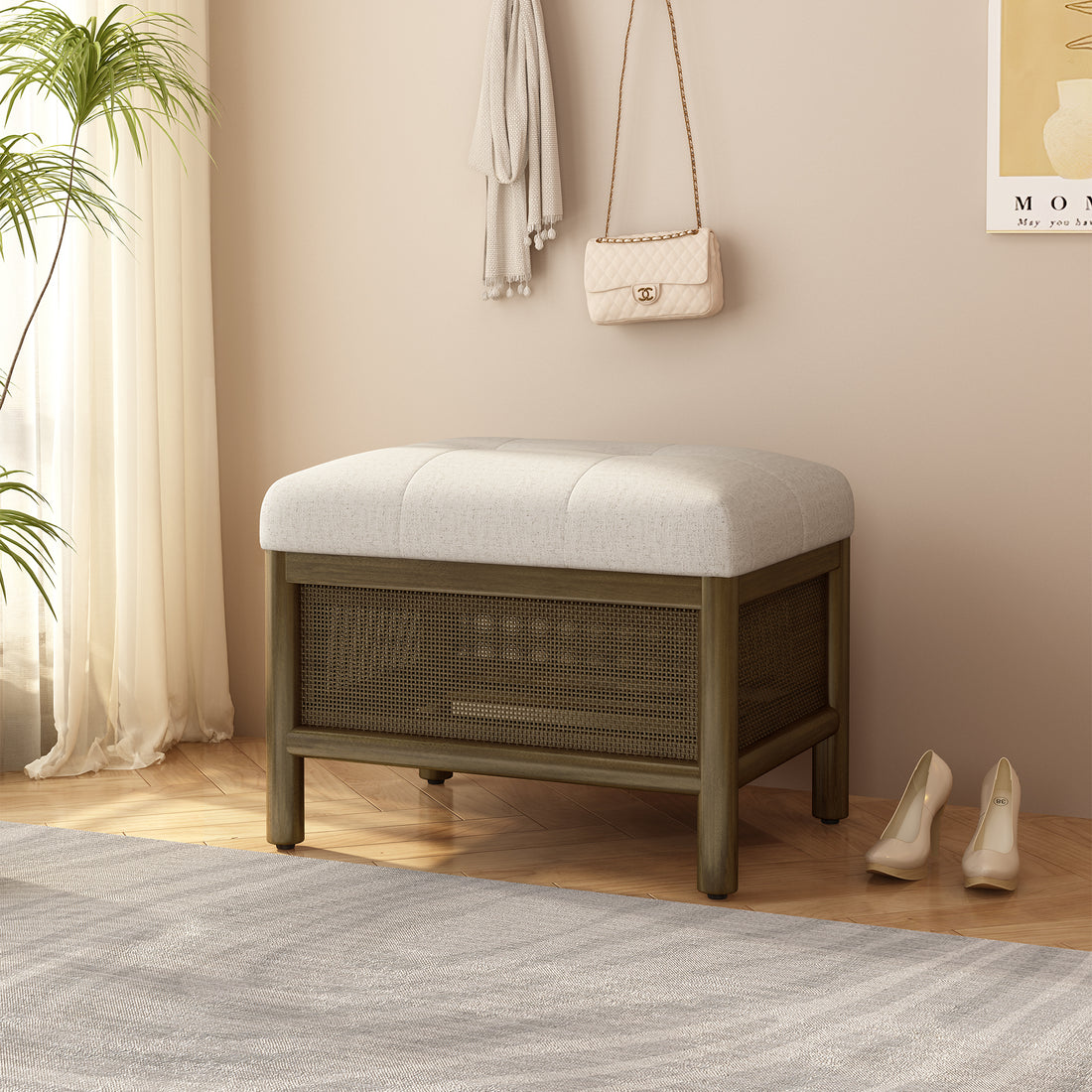 Cane Base Ottoman Dark Walnut Cream 21.5"*16"*17" White Deep Walnut Wood Soft American Traditional Hickory Wood Rectangle Wood Fabric