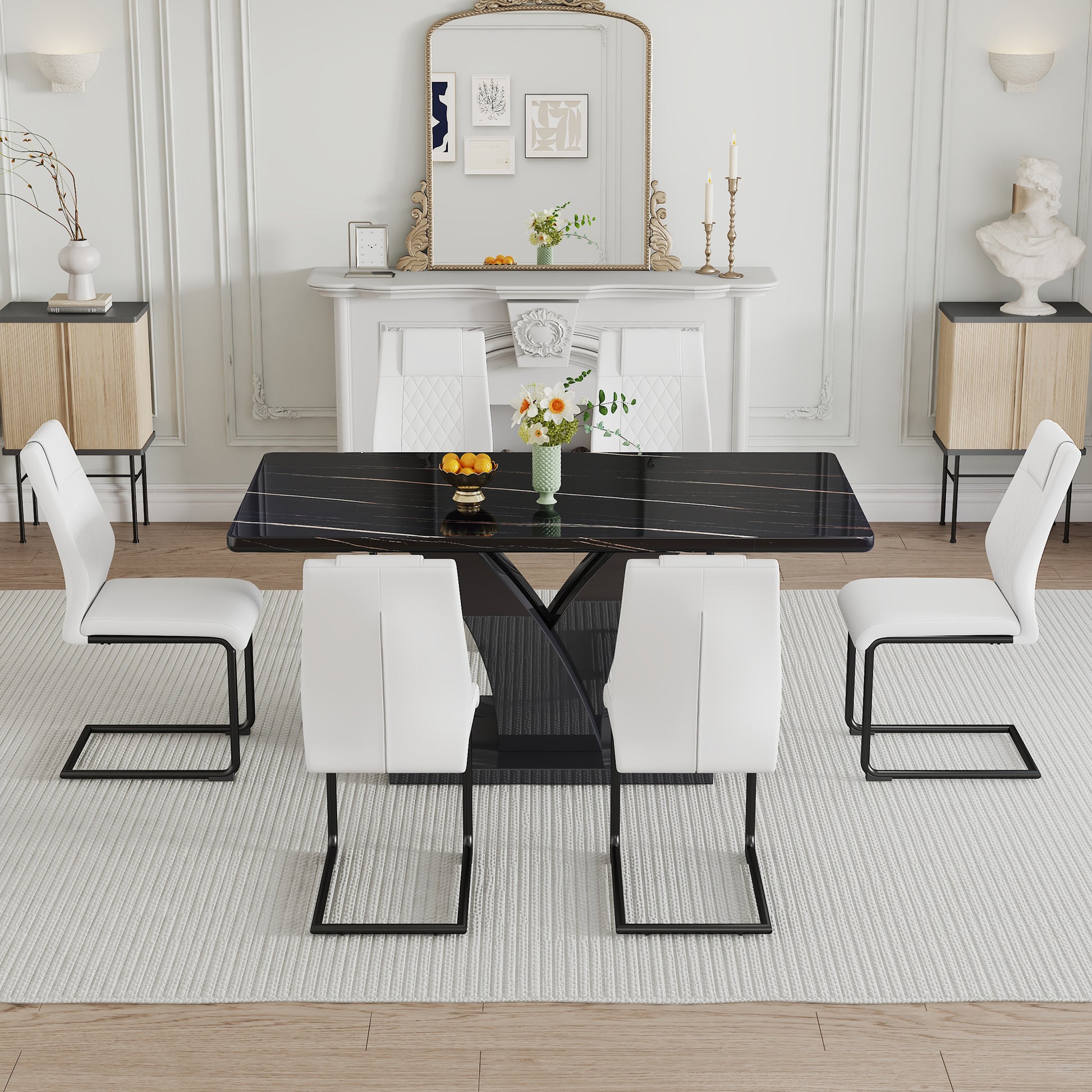 Table And Chair Set, Modern Dining Table, Black Tabletop And Black Mdf Leg Table, Soft And Comfortable Dining Chair, Perfect For Dinner, Meetings, Home And Office Decor White Black Mdf
