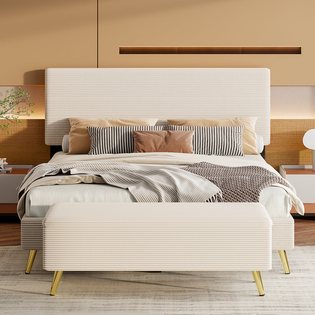 2 Pieces Bedroom Sets Queen Size Upholstered Bed Frame, Modern Corduroy Storage Ottoman,Beige Queen Beige 2 Piece Set Solid Wood Mdf