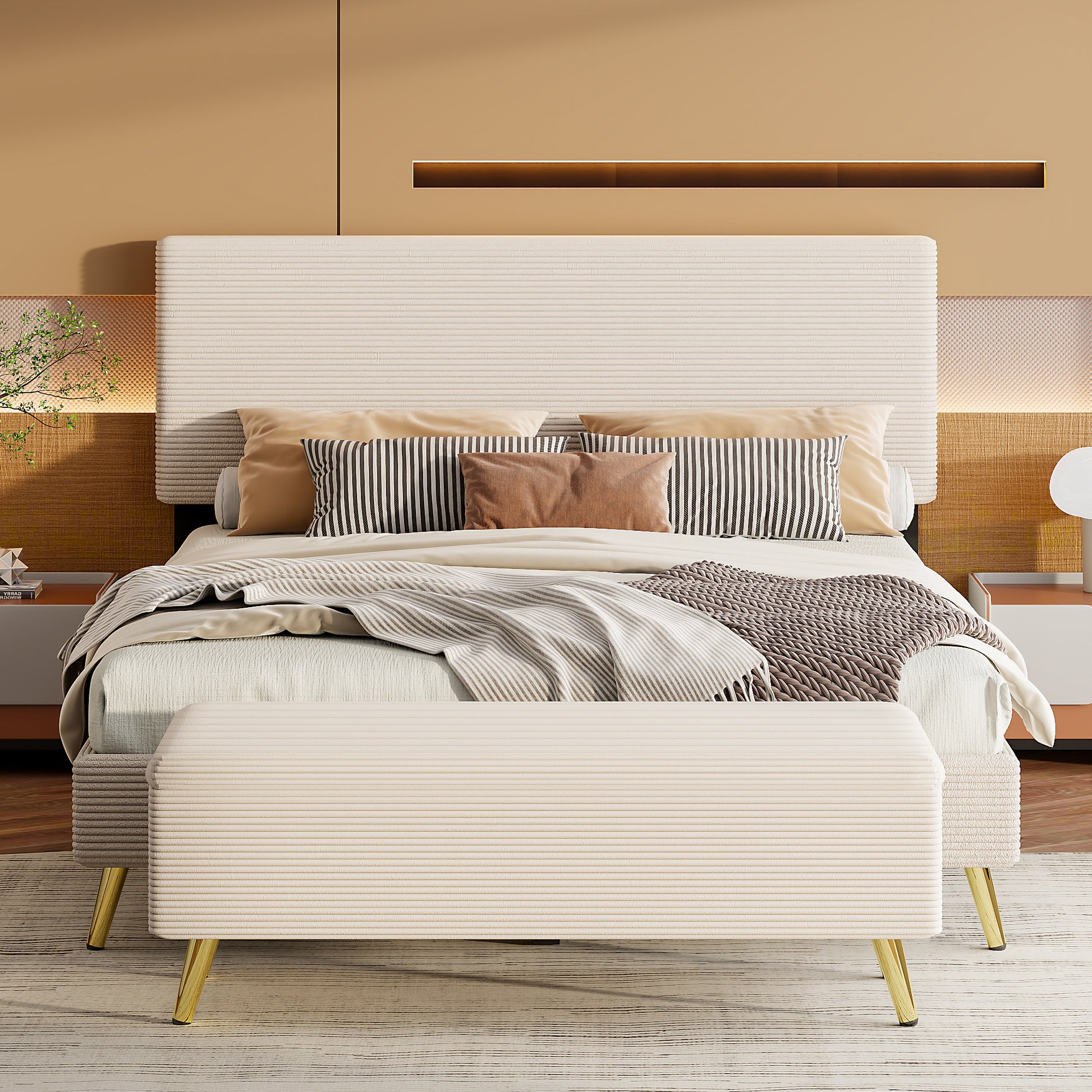 2 Pieces Bedroom Sets Queen Size Upholstered Bed Frame, Modern Corduroy Storage Ottoman,Beige Queen Beige 2 Piece Set Solid Wood Mdf