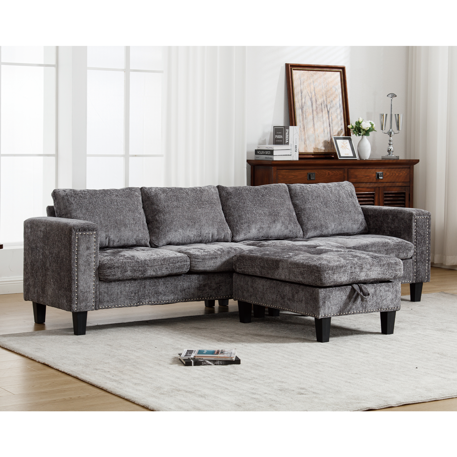 Arrived 5 Seat Modular Sofa,With Storage Ottoman, Convertible Sectional Sofa, L Shaped Couchreversible Chaise ,Riveted Sofa,Chenille, Gray Gray Polyester Wood Primary Living Space Medium Soft Cushion Back Modern Square Arms Foam Metal & Wood 5 Seat