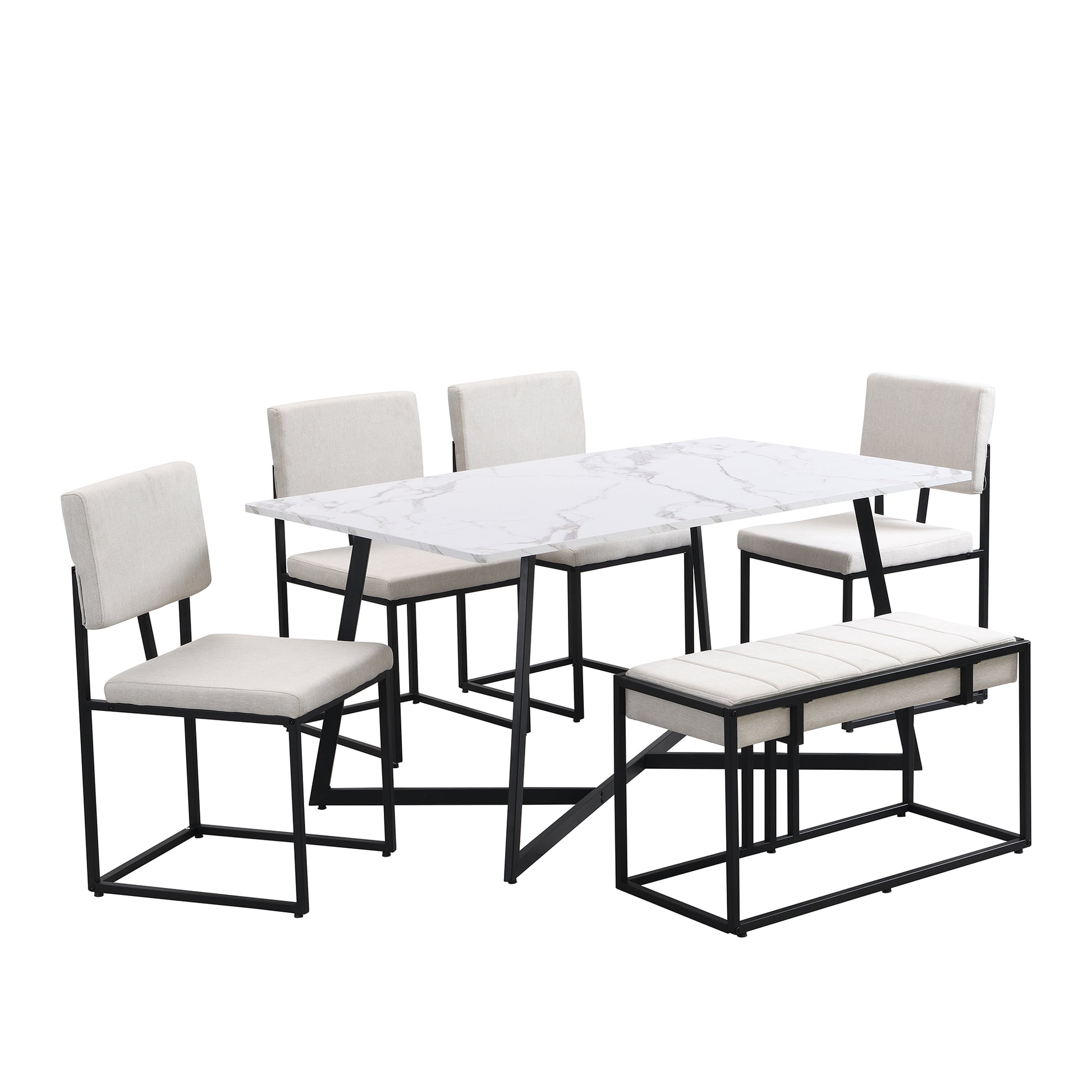 Modern Faux Marble 6 Piece Dining Table Set,60Inch Metal Kitchen Table Set With Upholstered Dining Chairs And Bench, Black Metal Dining Room Bench Seating Rectangular Dining Table With Chair And Bench Metal Wood Black Seats 6 60 Inches Farmhouse Trestle
