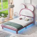 Full Size Upholstered Platform Bed With Cartoon Ears Shaped Headboard And Led, White&Pink Box Spring Not Required Full White Pink Bedroom Bed Frame Faux Leather Upholstered
