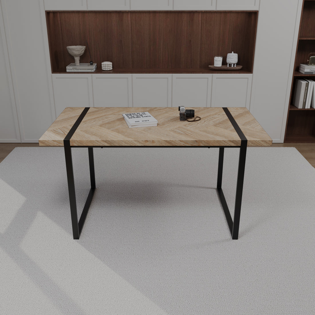 59 "Rural Industrial Rectangular Mdf Light Wood Dining Table, 4 6 People, 1.5" Thick Engineering Wood Tabletop And Black Rectangular Metal Legs, Used For Desks, Kitchens, Terraces, Restaurants Natural Wood Kitchen Mdf