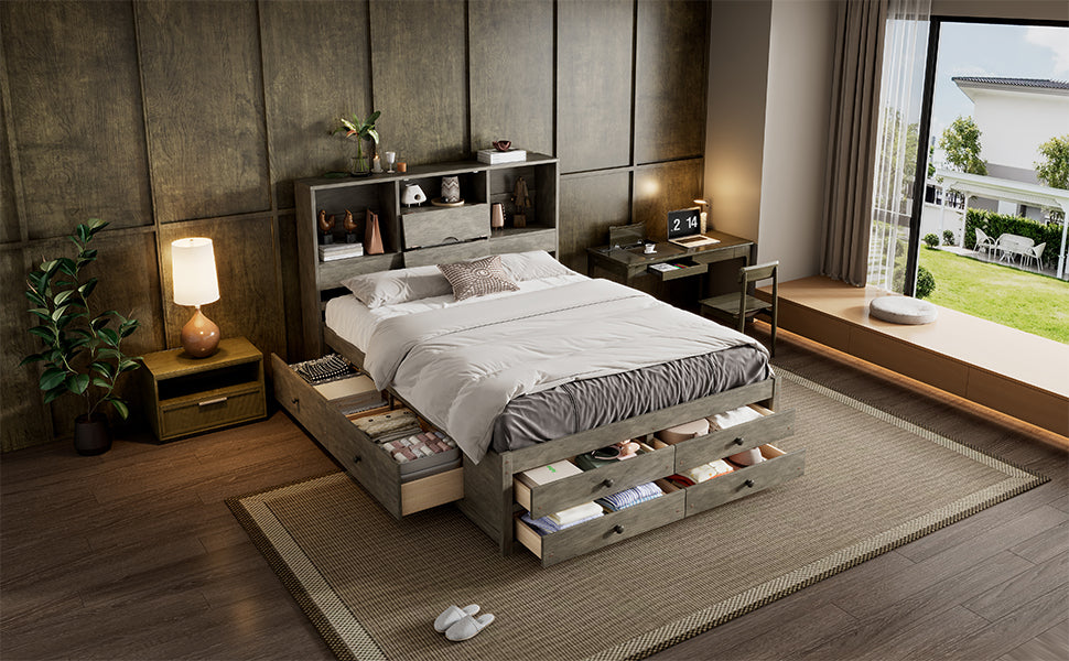 Queen Size Platform Bed With Storage Headboard And 8 Drawers, Gray Box Spring Not Required Queen Gray Wood Bedroom Bed Frame Solid Wood Mdf
