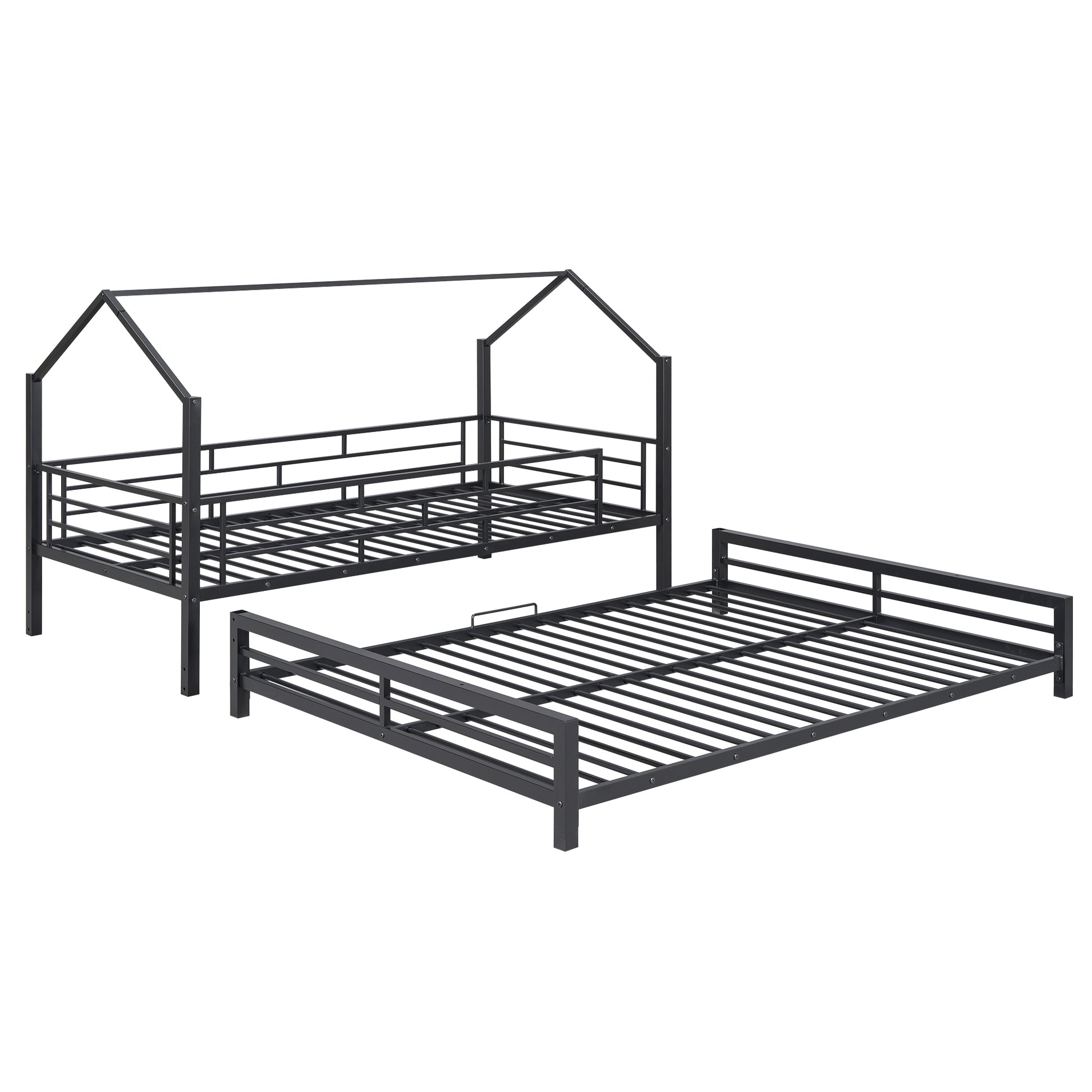 Metal House Bunk Bed, Twin Over Full, Black Full Black Metal