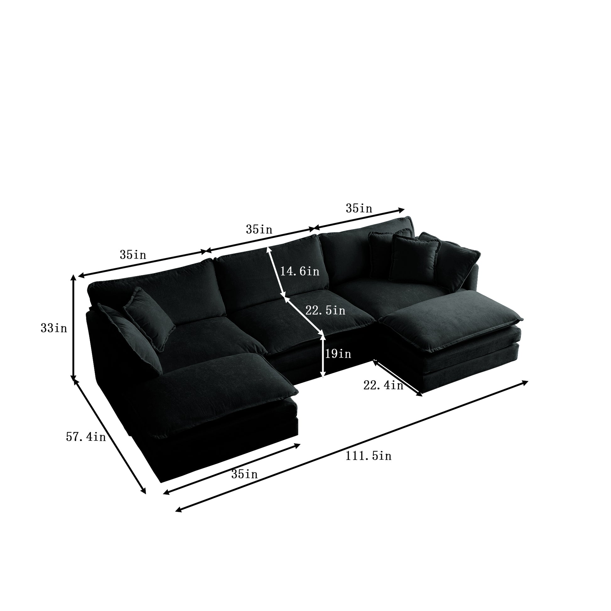 U Shaped Sectional Sofa W Reversible Footrest, 5 Seater Convertible Corner Couch With 2 Ottomans ,Modern Minimalist Soft Sofa & Couch For Living Roomblack Chenille Black Chenille 3 Seat