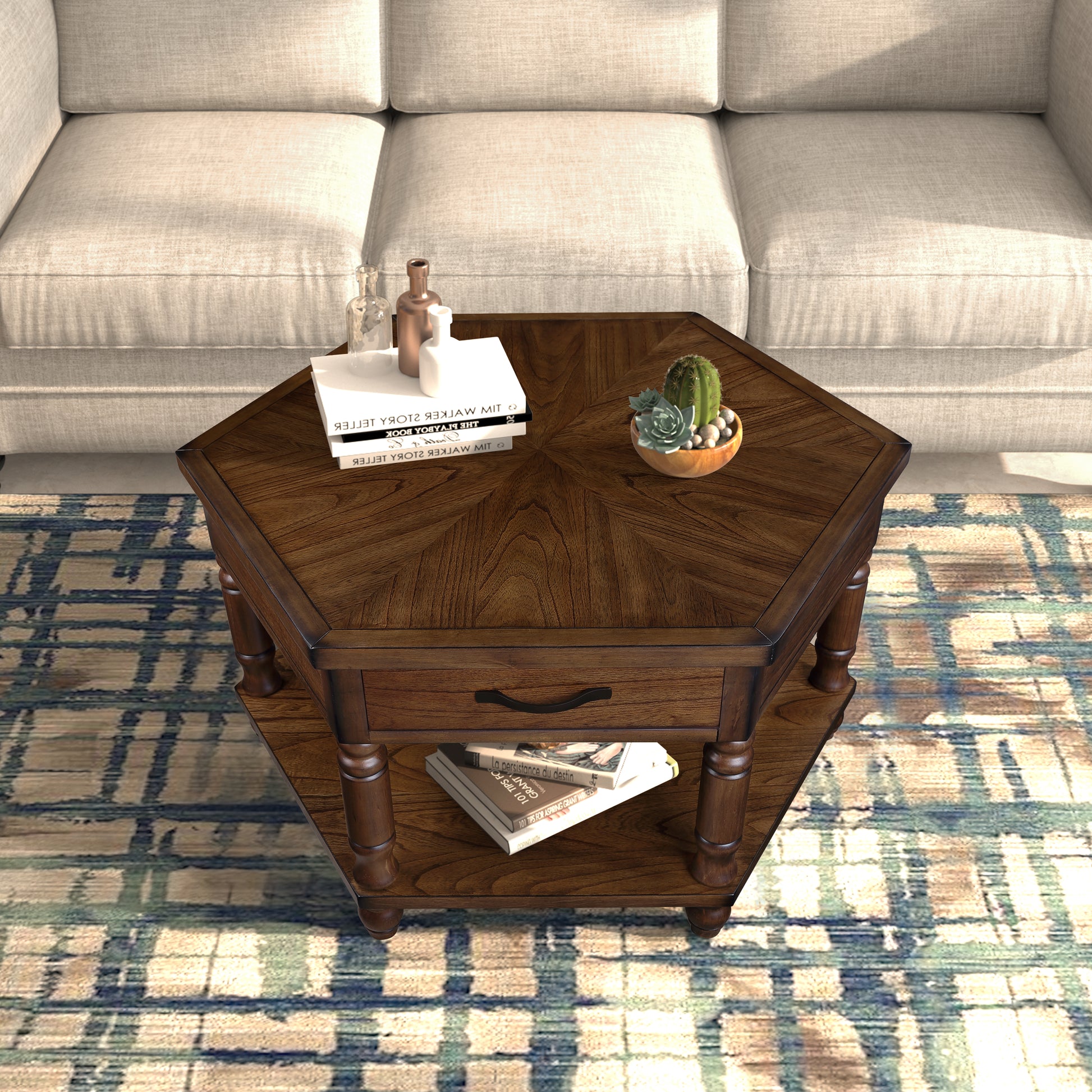 2 Tier Retro Hexagon Living Room Solid Wood Coffee Table With Shelf & Drawer, 36'' Mid Century Center Coffee Table For Living Room, Office. Cherry Cherry Pine