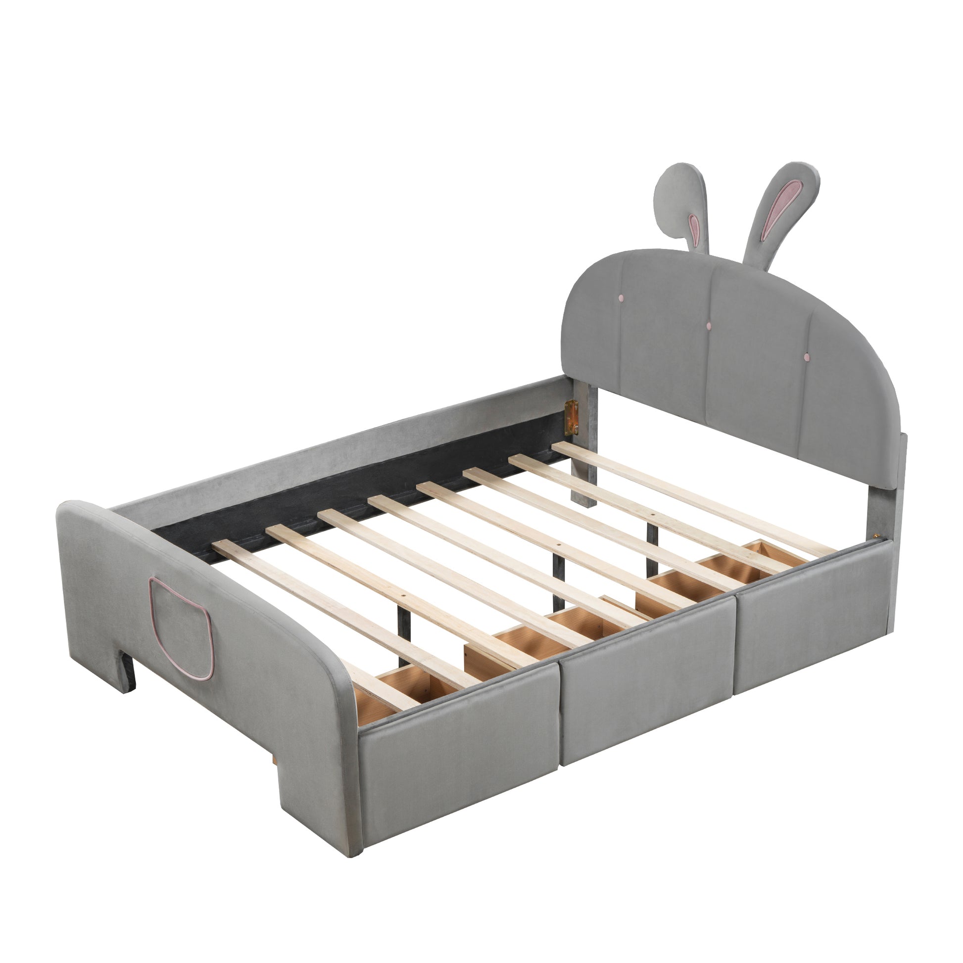 Full Size Velvet Platform Bed With Rabbit Shaped Headboard, With Drawers, With Bed End Storage Pocket, Gray Full Gray Plywood