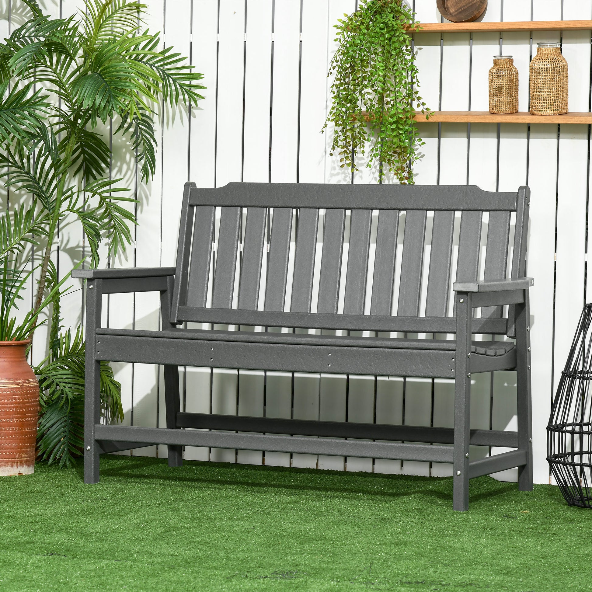 Outsunny Outdoor Bench, 2 Person Park Style Garden Bench With All Weather Hdpe, 704 Lbs. Weight Capacity Porch Bench With Slatted Back & Armrests, Dark Gray Dark Gray Plastic