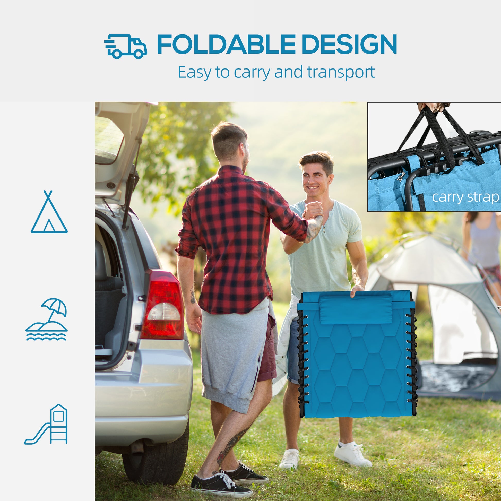 Outsunny Folding Chaise Lounge Set With 5 Level Reclining Back, Outdoor Lounge Tanning Chair With Padded Seat, Side Pocket & Headrest For Beach, Yard, Patio, Sky Blue Blue Steel