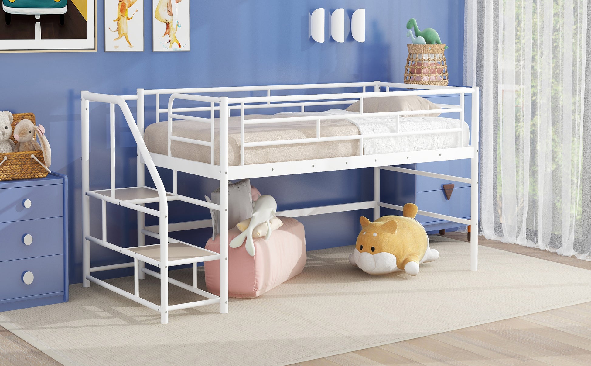 Mid Loft Bed With Storage Stairs, Twin, White Twin White Mdf Metal